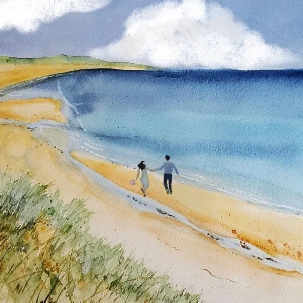 Watercolor painting of a beach scene with two people holding hands walking along the shoreline, with grassy dunes and cloudy sky in the background.
