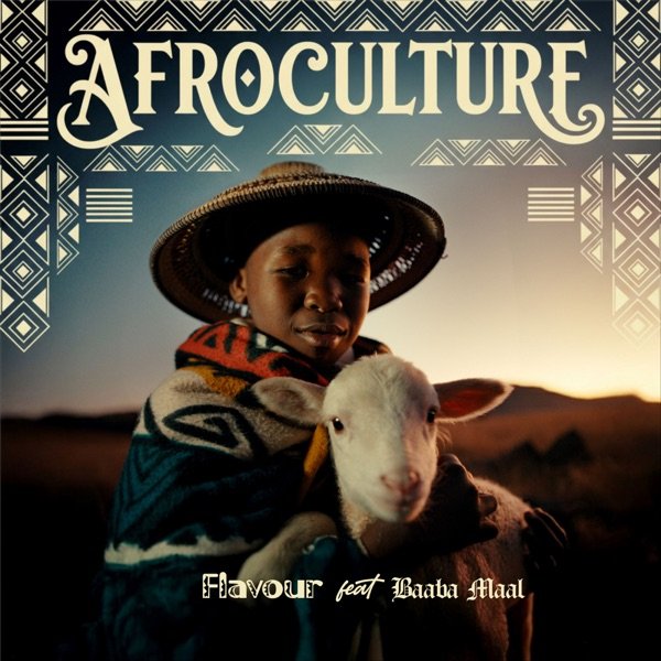 A young child wearing a traditional woven hat and colorful shawl, holding a white goat, with a sunset or sunrise in the background. The image features Aztec-style patterns and the text 'AFCULTURE Flavour feat Baaba Maal.'