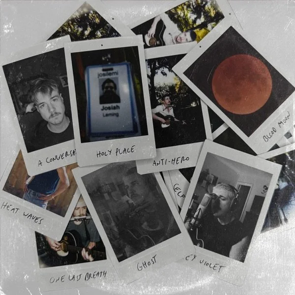 Collection of photographs including portraits, a person with a guitar, a moon, and a person singing into a microphone, with handwritten captions.