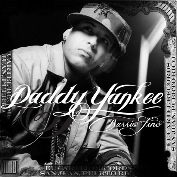 Black and white photo of a young man wearing a baseball cap and jewelry, with text overlaid that says 'Daddy Yankee' and 'Carrío Tuno,' resembling a cash or banknote theme.