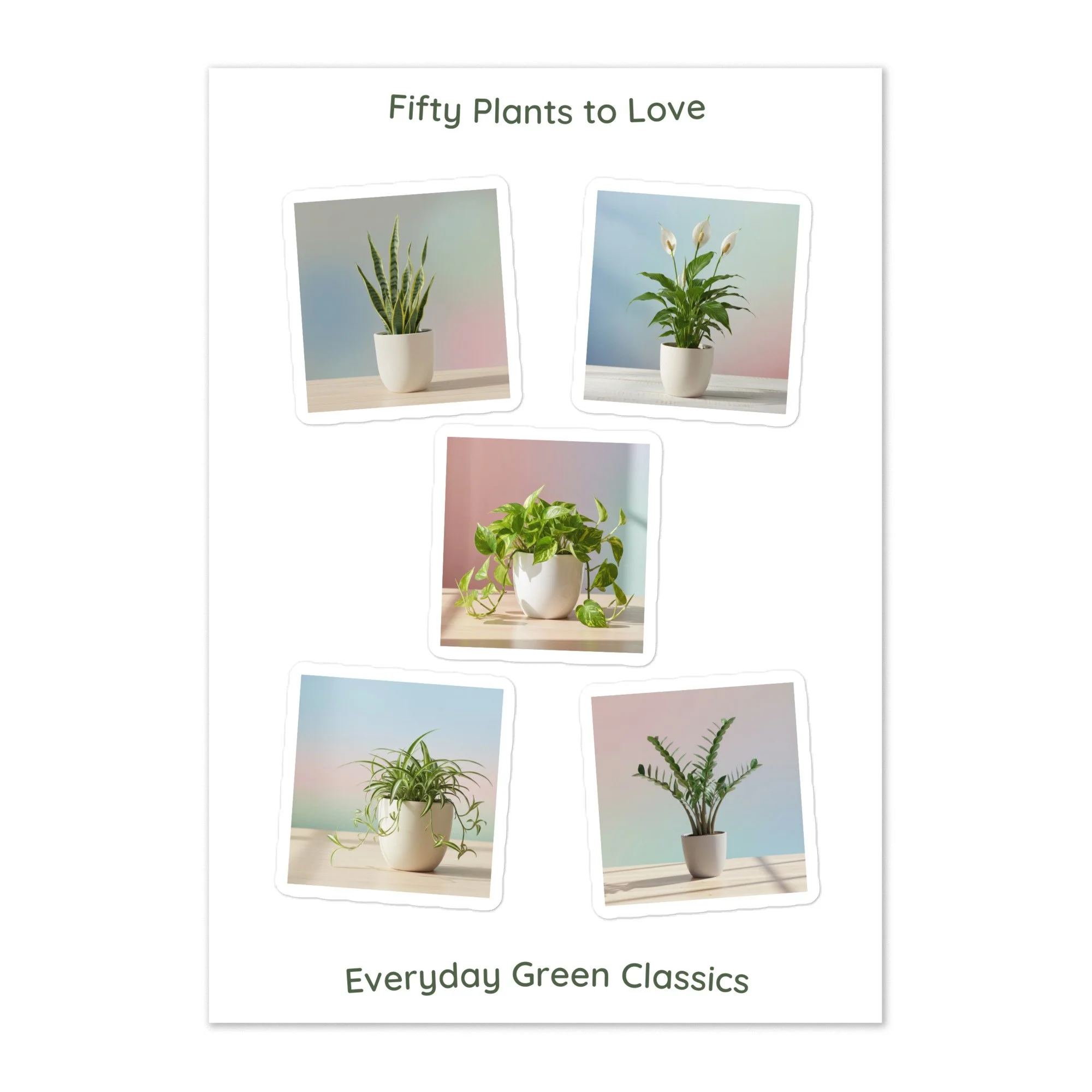 Sticker sheet featuring five illustrated houseplants: Golden Pothos, Snake Plant, ZZ Plant, Spider Plant, and Peace Lily.