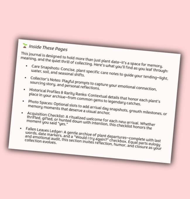 Intro page from Fifty Plants to Love describing the plant journal and how to track a growing collection