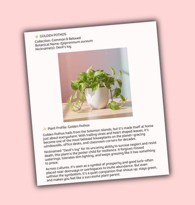 “Interior page from Fifty Plants to Love featuring a Golden Pothos plant profile with photo, care notes, and botanical details