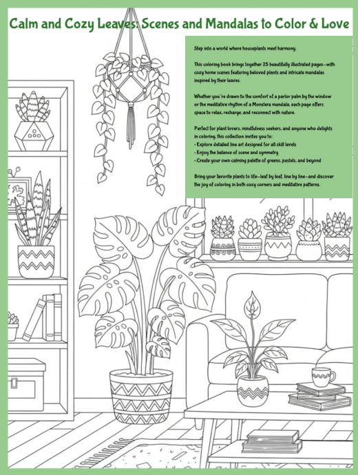 Houseplant Coloring Book | Cozy Scenes & Mandalas | 25 Botanical Designs for Relaxation