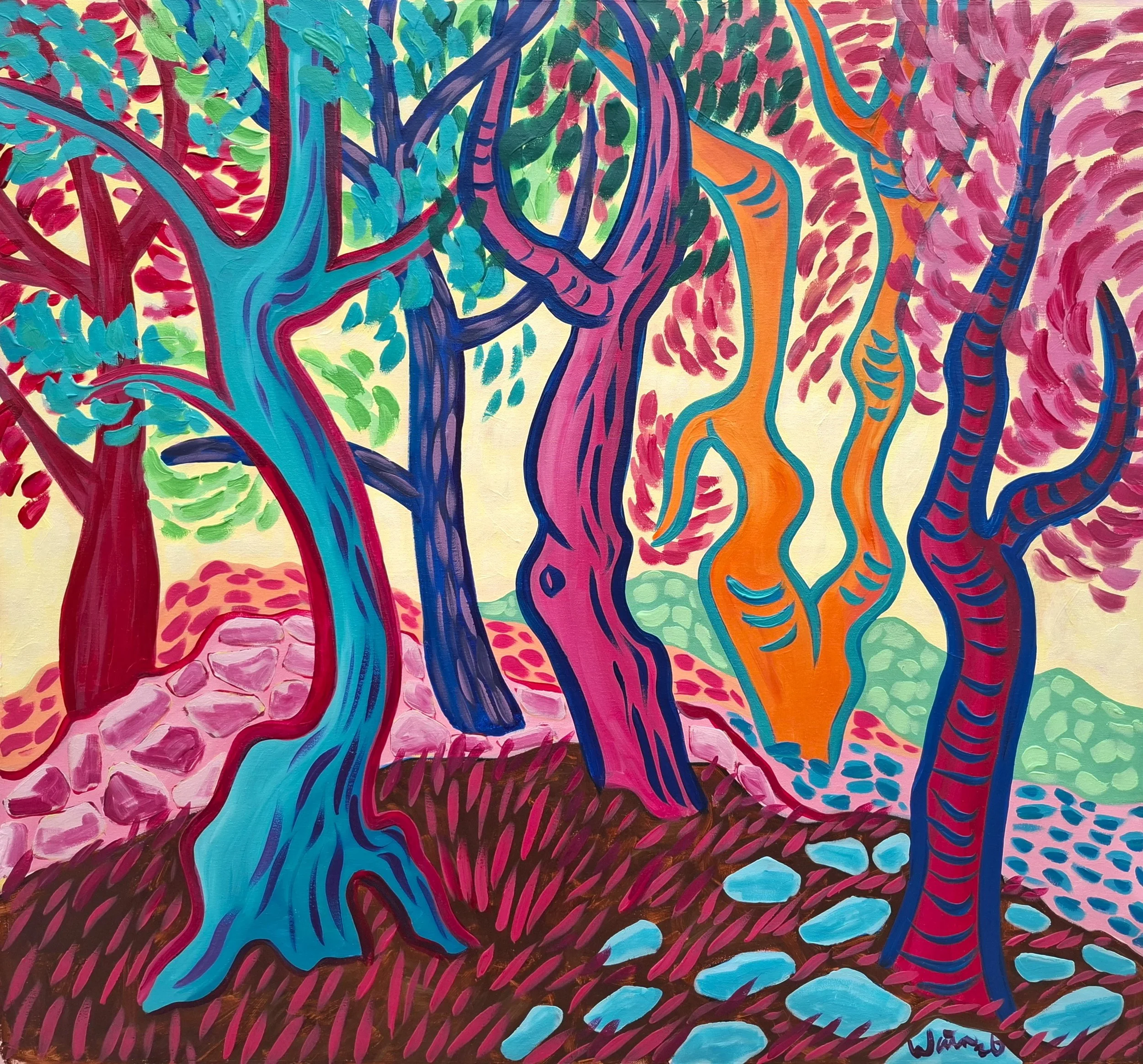 Morning Landscape with Pines III 
In Morning Landscape with Pines III, 
Morning Landscape with Pines III
British-born artist Kirsty Wain continues her celebrated exploration of the Mediterranean landscape, specifically the vibrant pine woodlands surr