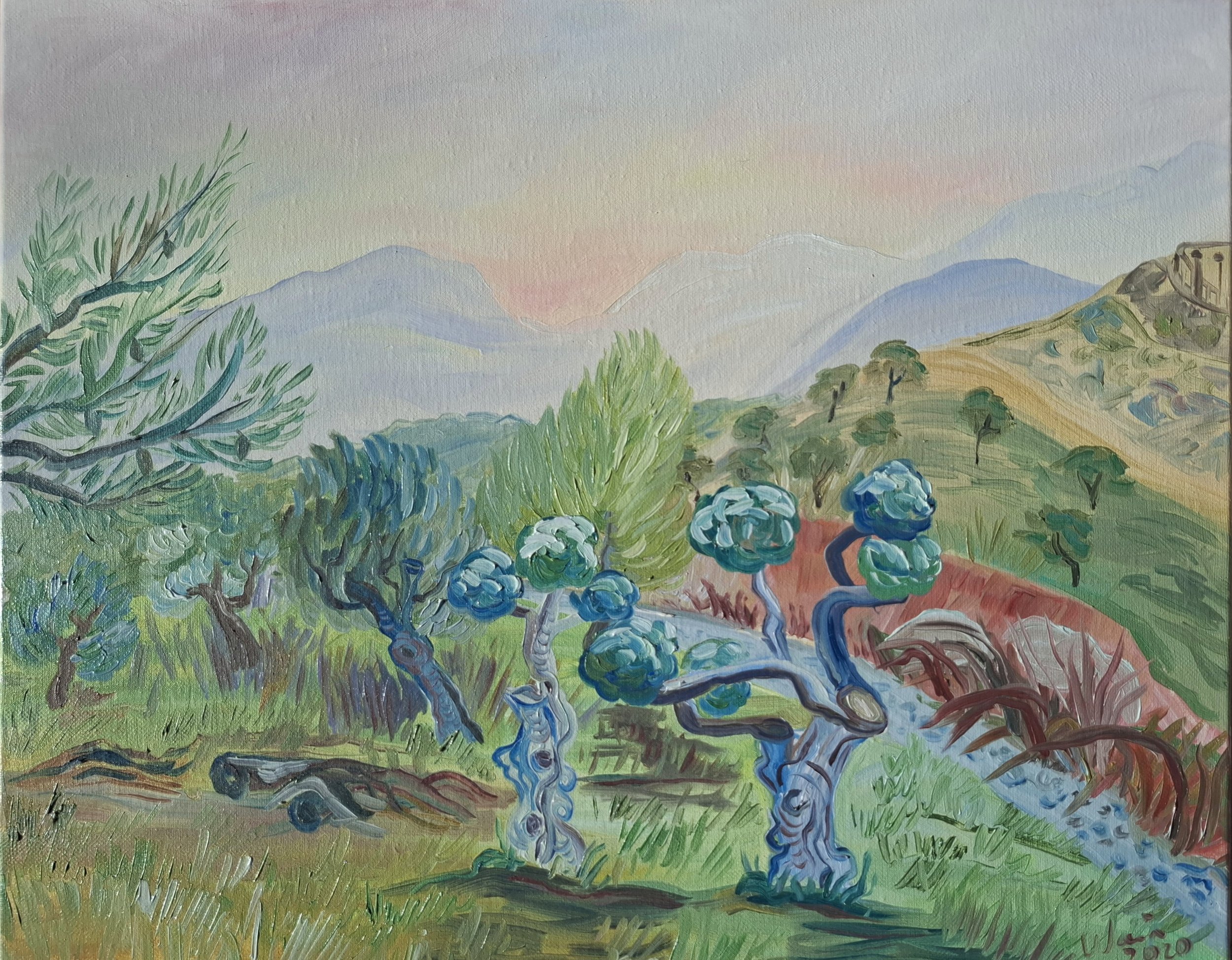 A colorful landscape painting depicting a hilly area with stylized trees, shrubs, and mountains in the background. The scene includes a few twisted, blue and green trees in the foreground, with distant mountains under a pinkish sky.