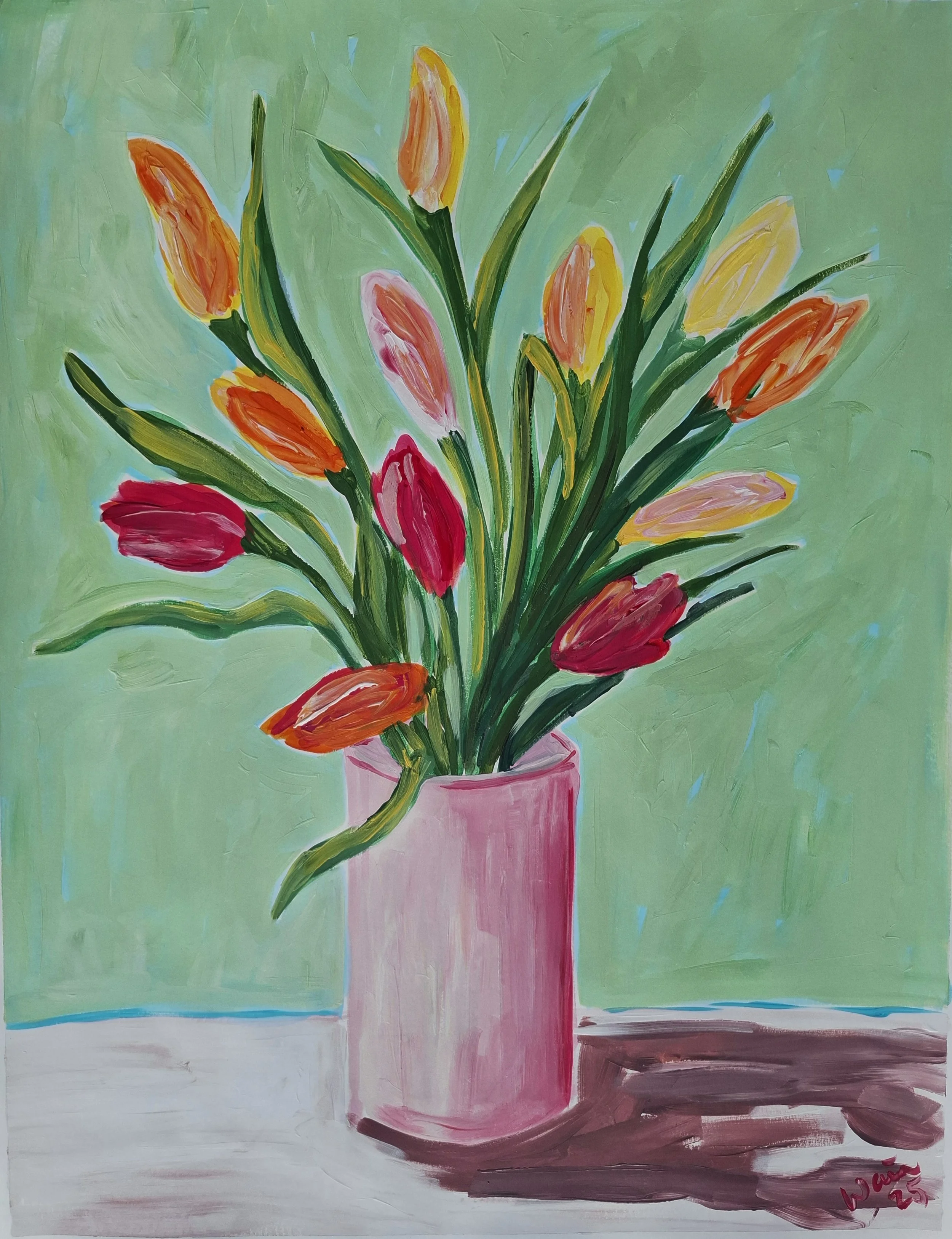 Colorful painting of a bouquet of tulips in a pink vase on a white surface against a green background.