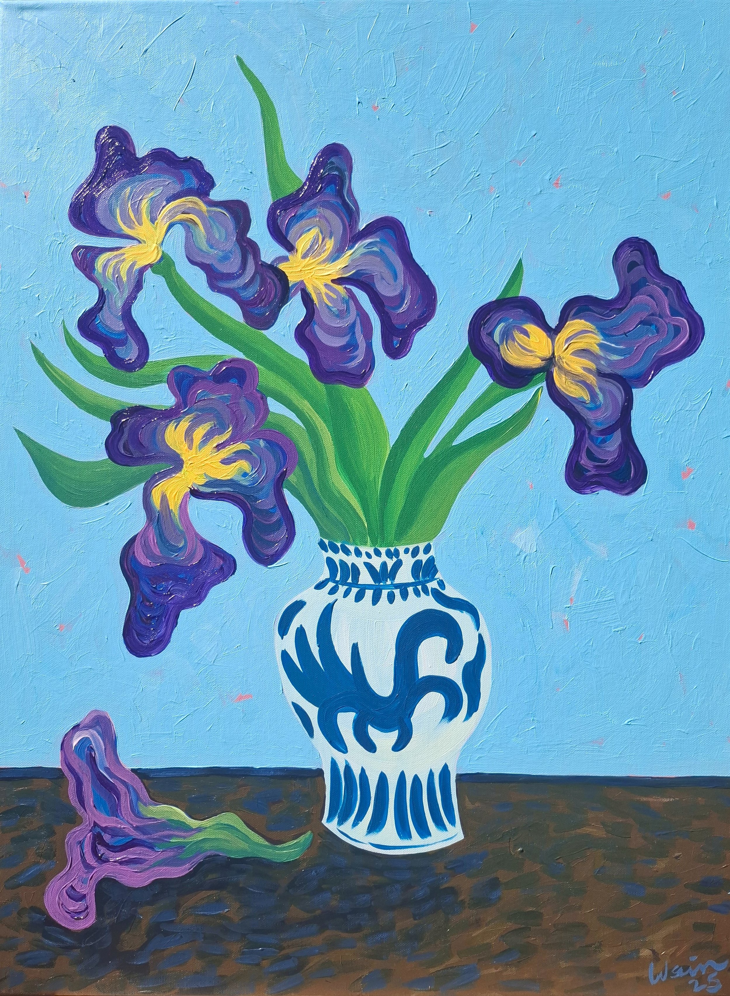 Painting of purple and yellow irises in a blue and white vase on a brown table with a light blue background.