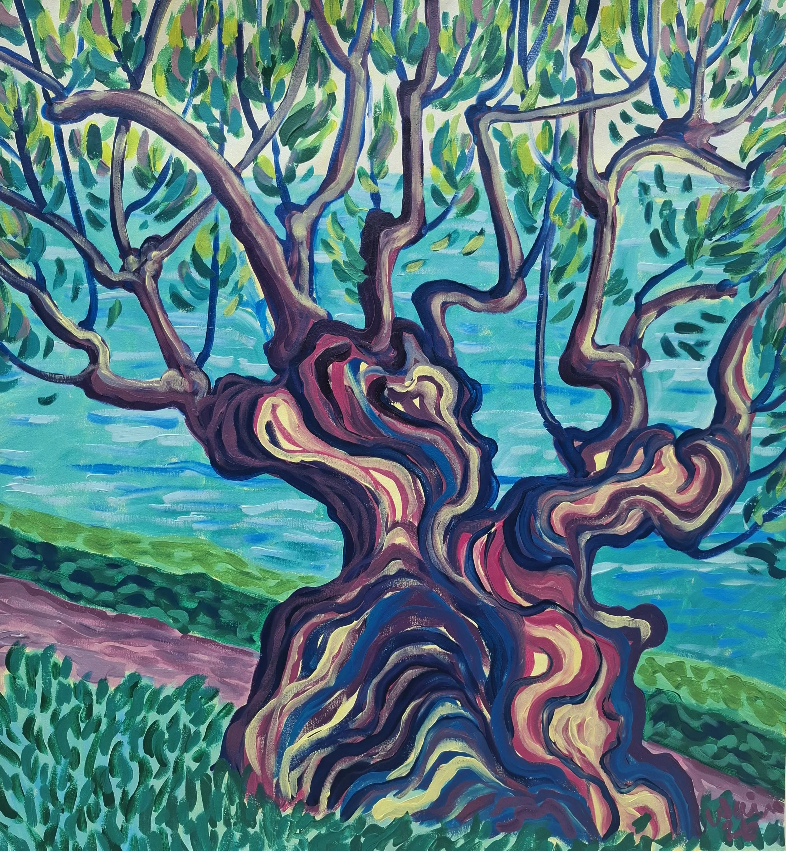 'Soul of the Coast, Ancient Olive Tree' Acrylic on canvas, 89.5x96cm