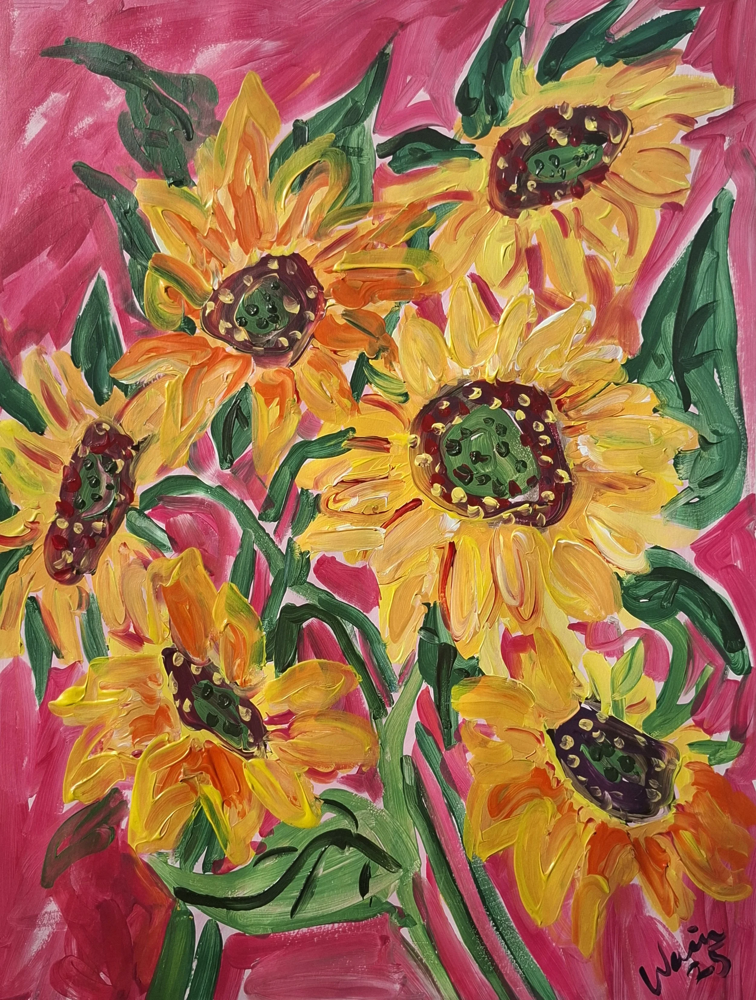 Bright and colorful painting of sunflowers with yellow petals, green stems and leaves, set against a pink background with bold, expressive brushstrokes.