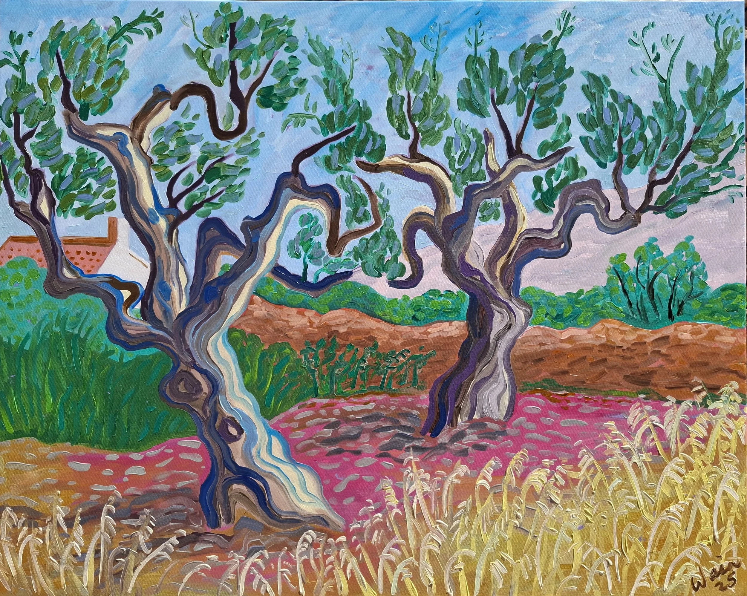 Painting of two large, twisted trees with green leaves, set in a colorful landscape with a house, bushes, and fields.