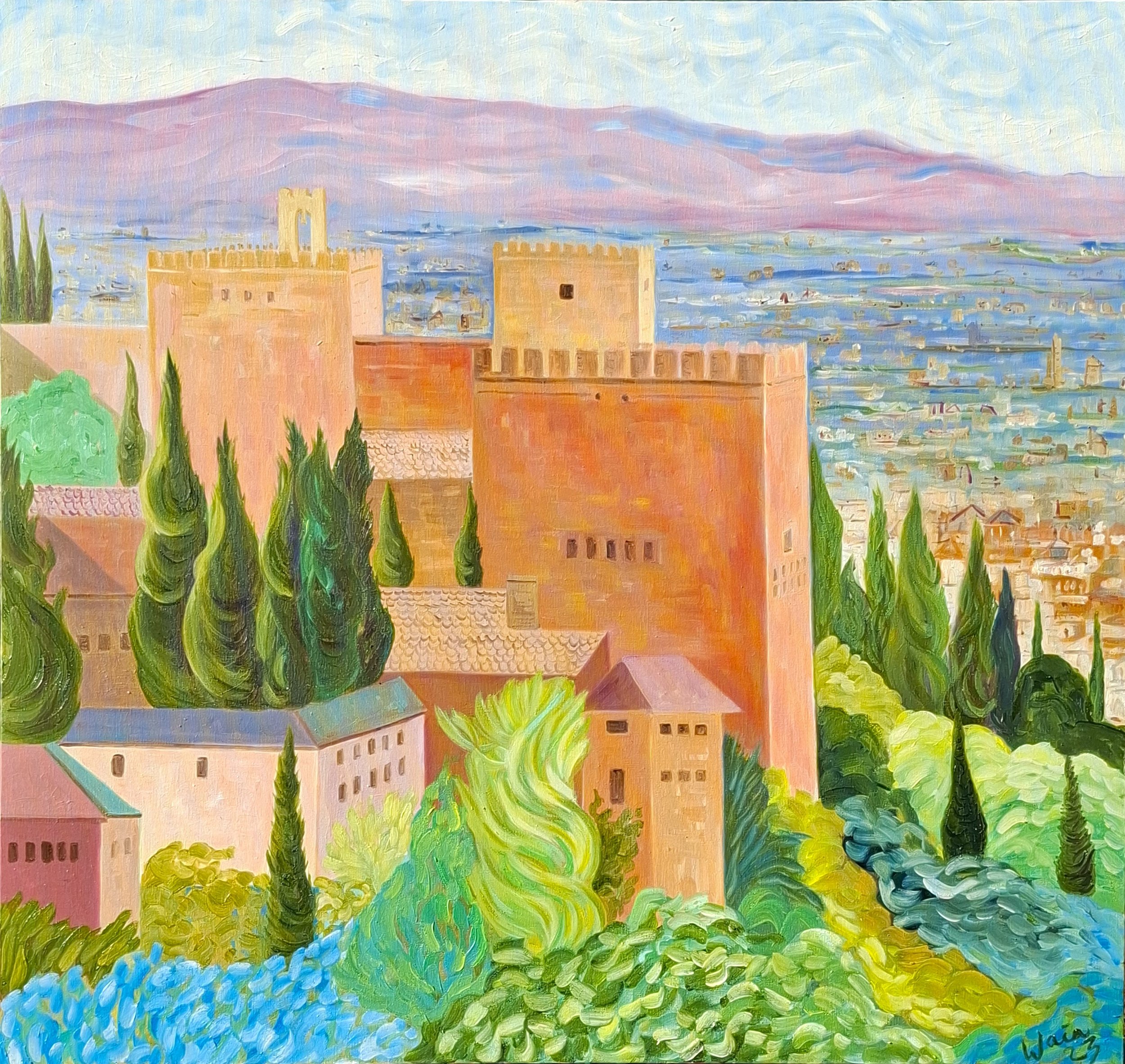 Painting of a hillside castle with pinkish-orange walls, surrounded by green cypress trees, overlooking a cityscape with buildings and mountains in the distance.
