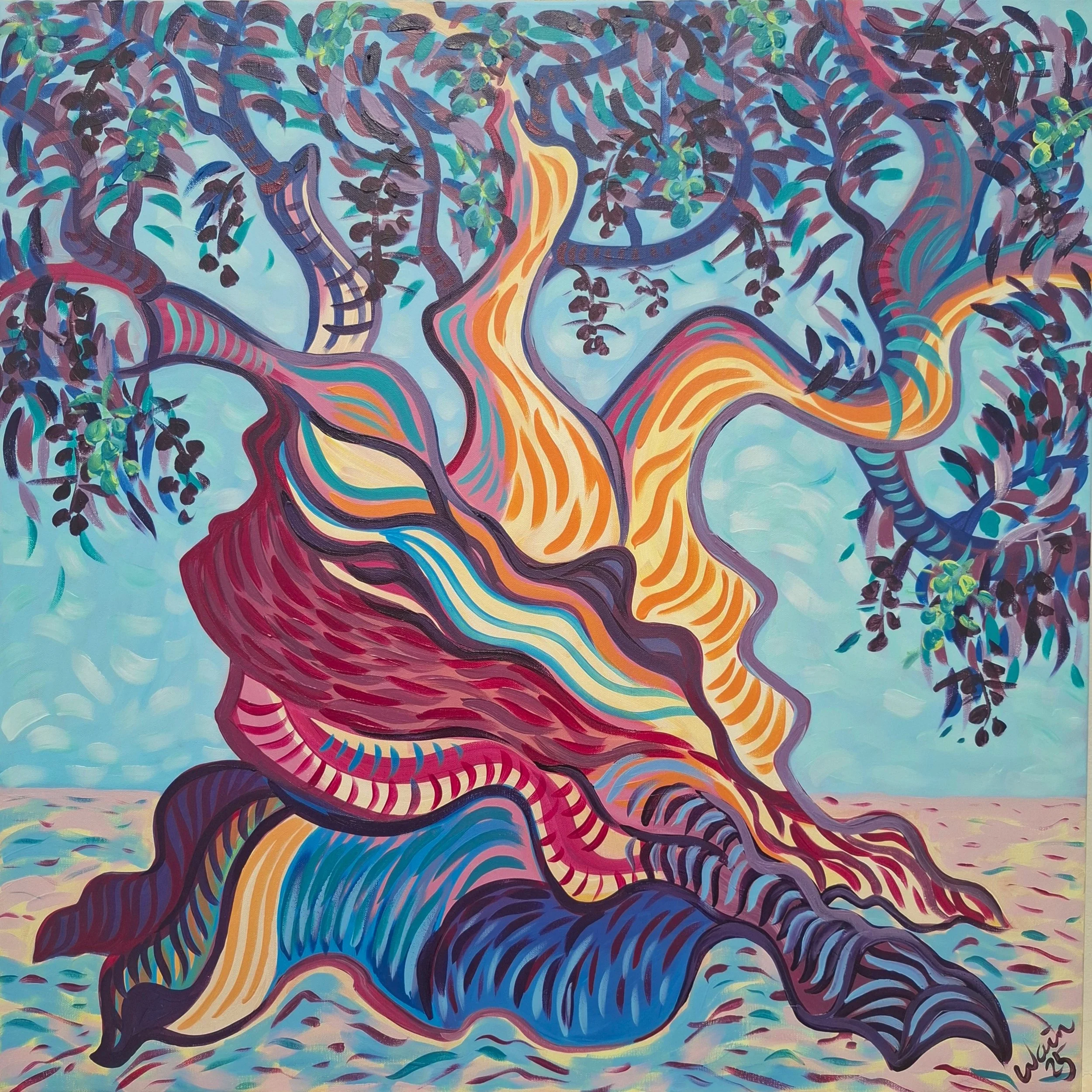 An abstract painting of a large, colorful tree with twisting trunks and branches. The tree has leaves and fruits, with a vibrant background of sky and ground, featuring swirling patterns and bright colors.