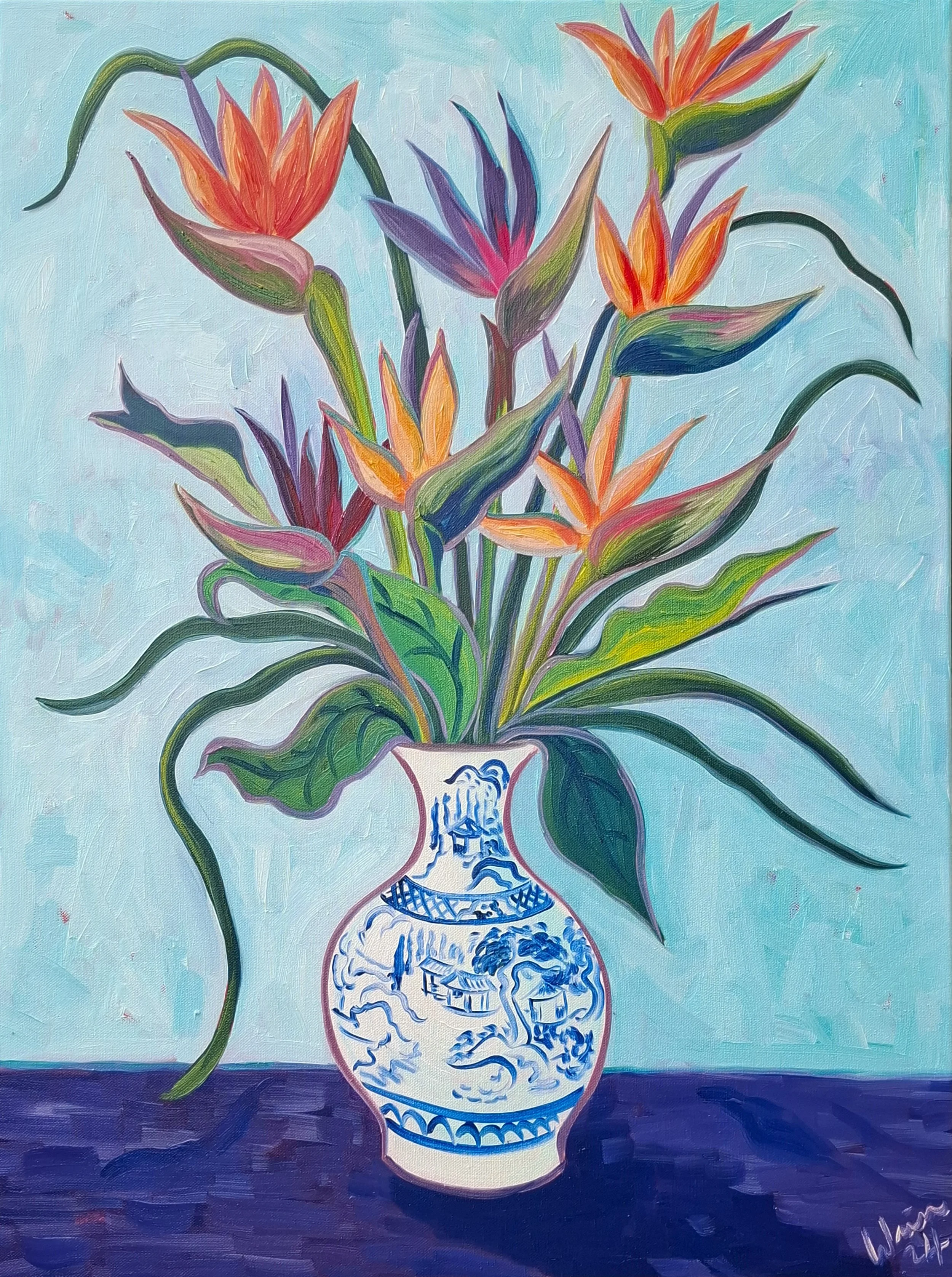 Colorful painting of a bouquet of exotic flowers in a traditional blue and white ceramic vase on a dark surface, with a light blue background.