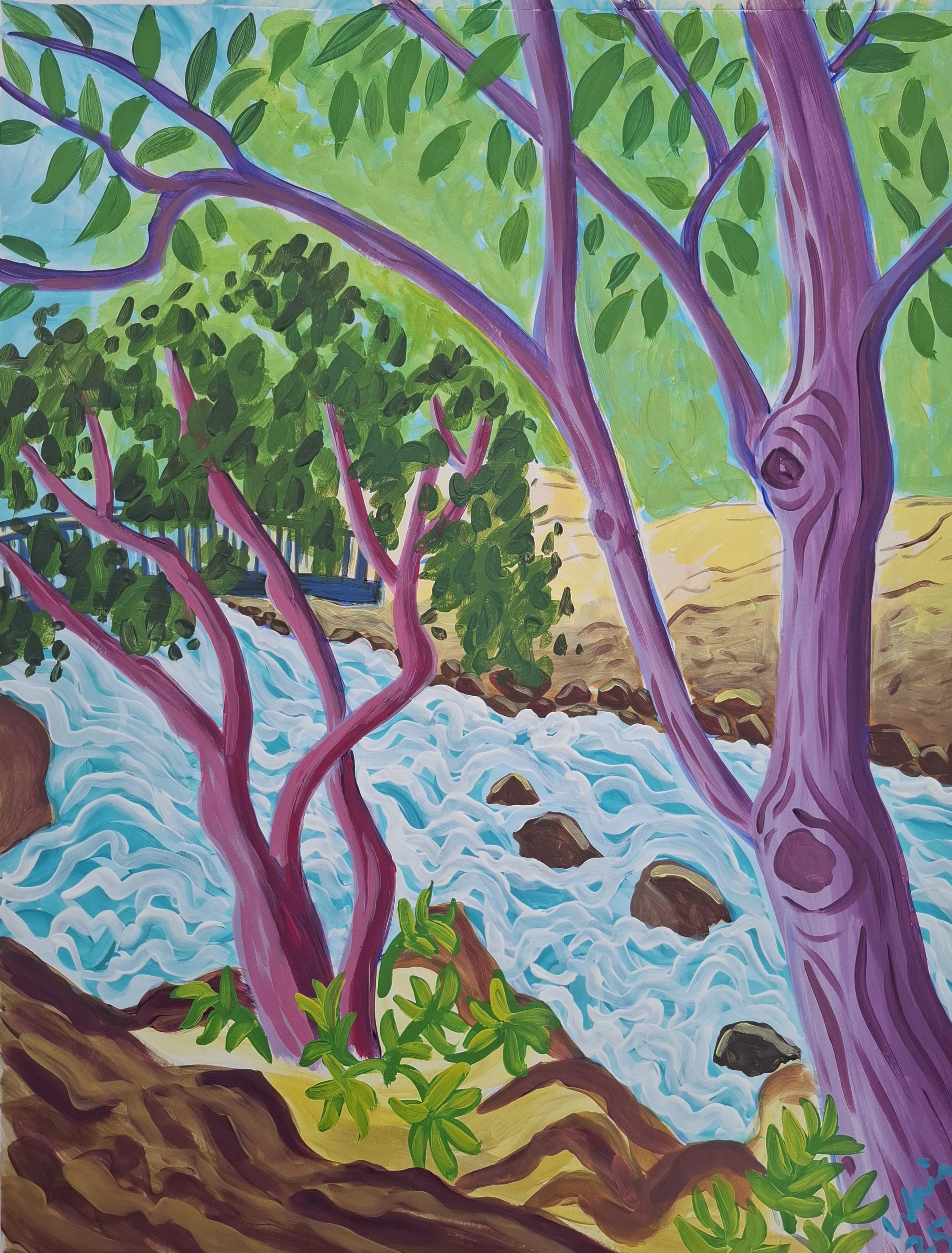 Colorful painting of a landscape with purple and green trees, a flowing river, rocks, and a grass patch in the foreground.