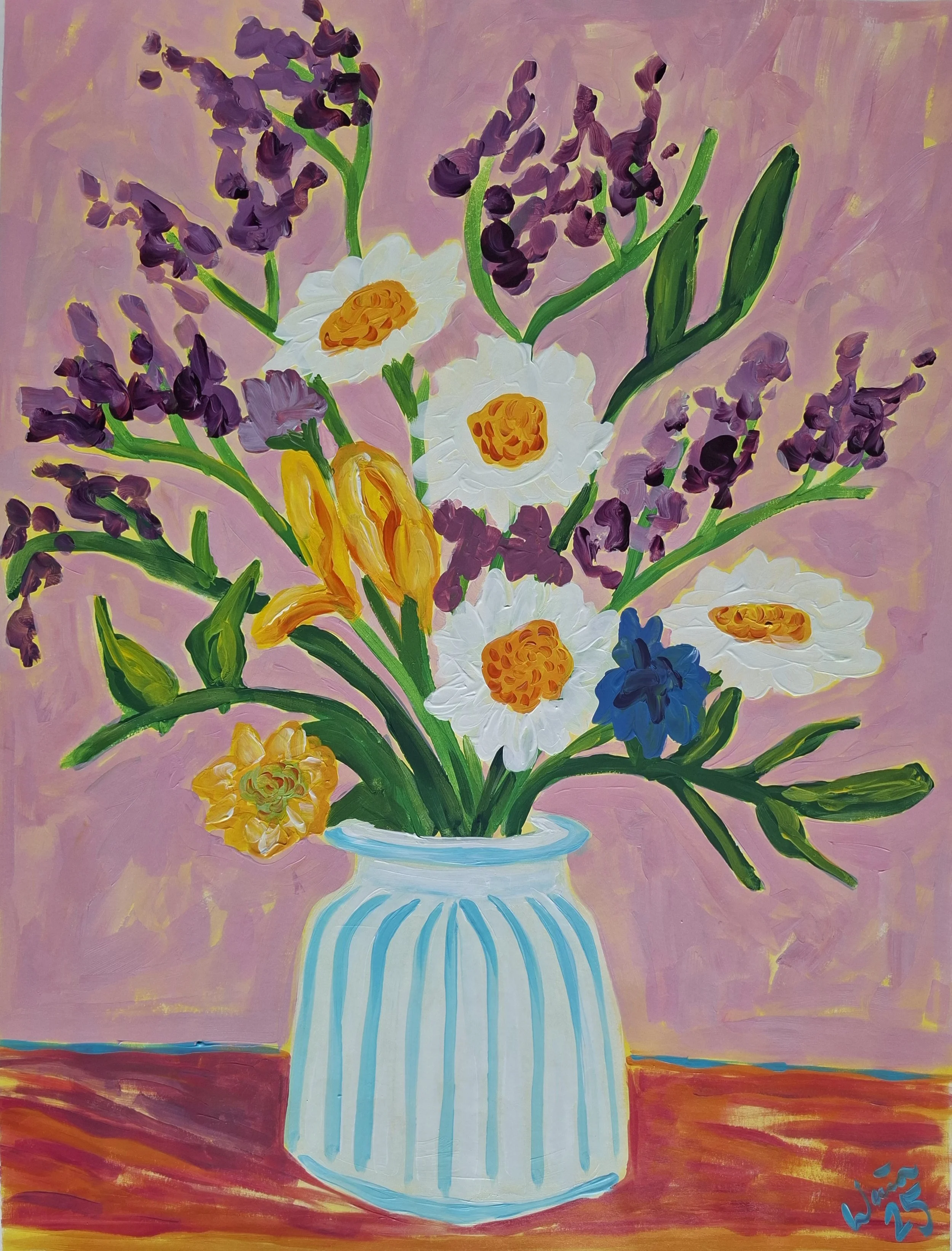 Painting of a colorful bouquet of flowers in a blue and white striped vase on a table with a pink background.