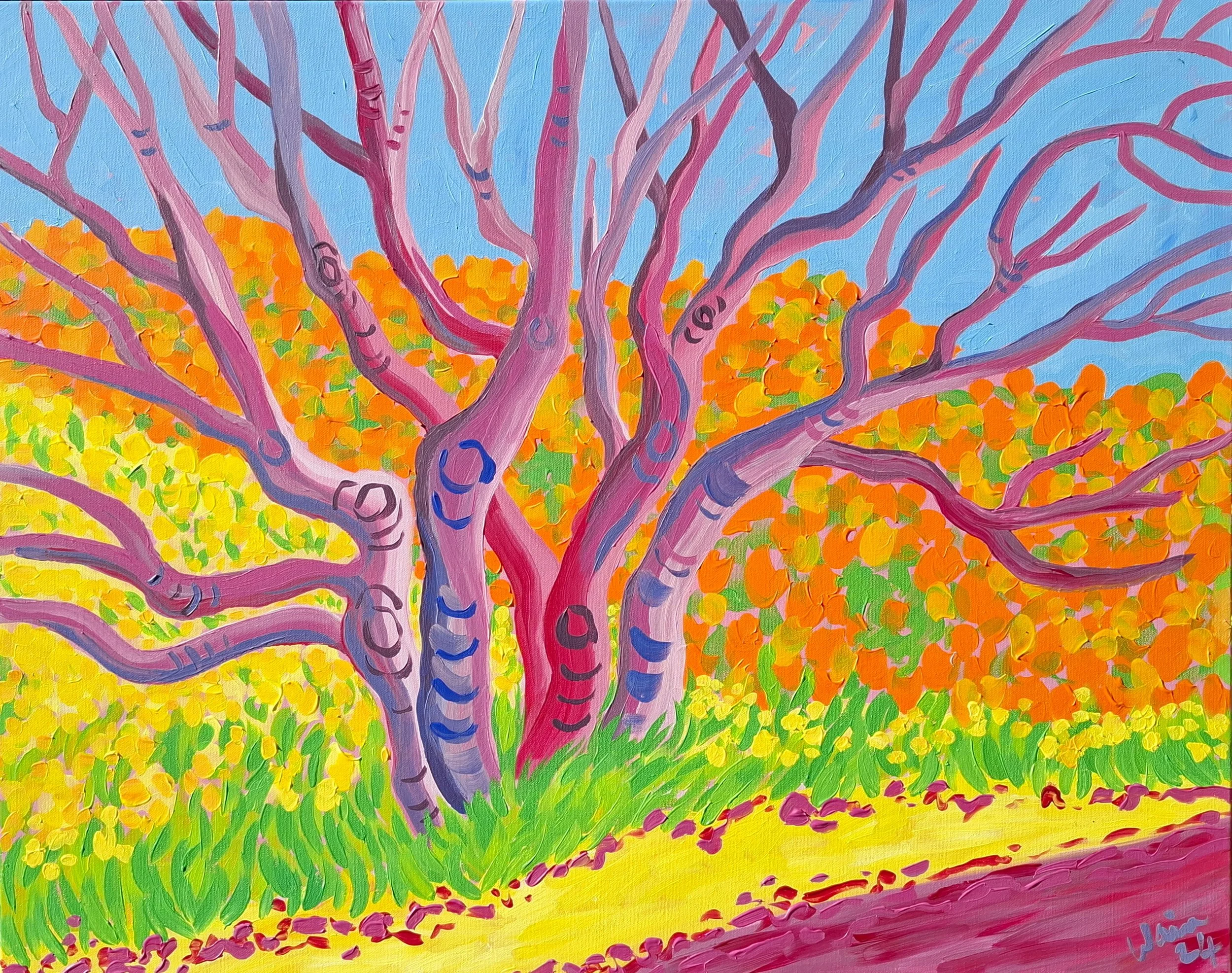 A colorful painting of a tree with pink and purple trunk and branches, set against a vibrant background of orange, yellow, and green foliage, with a blue sky overhead.