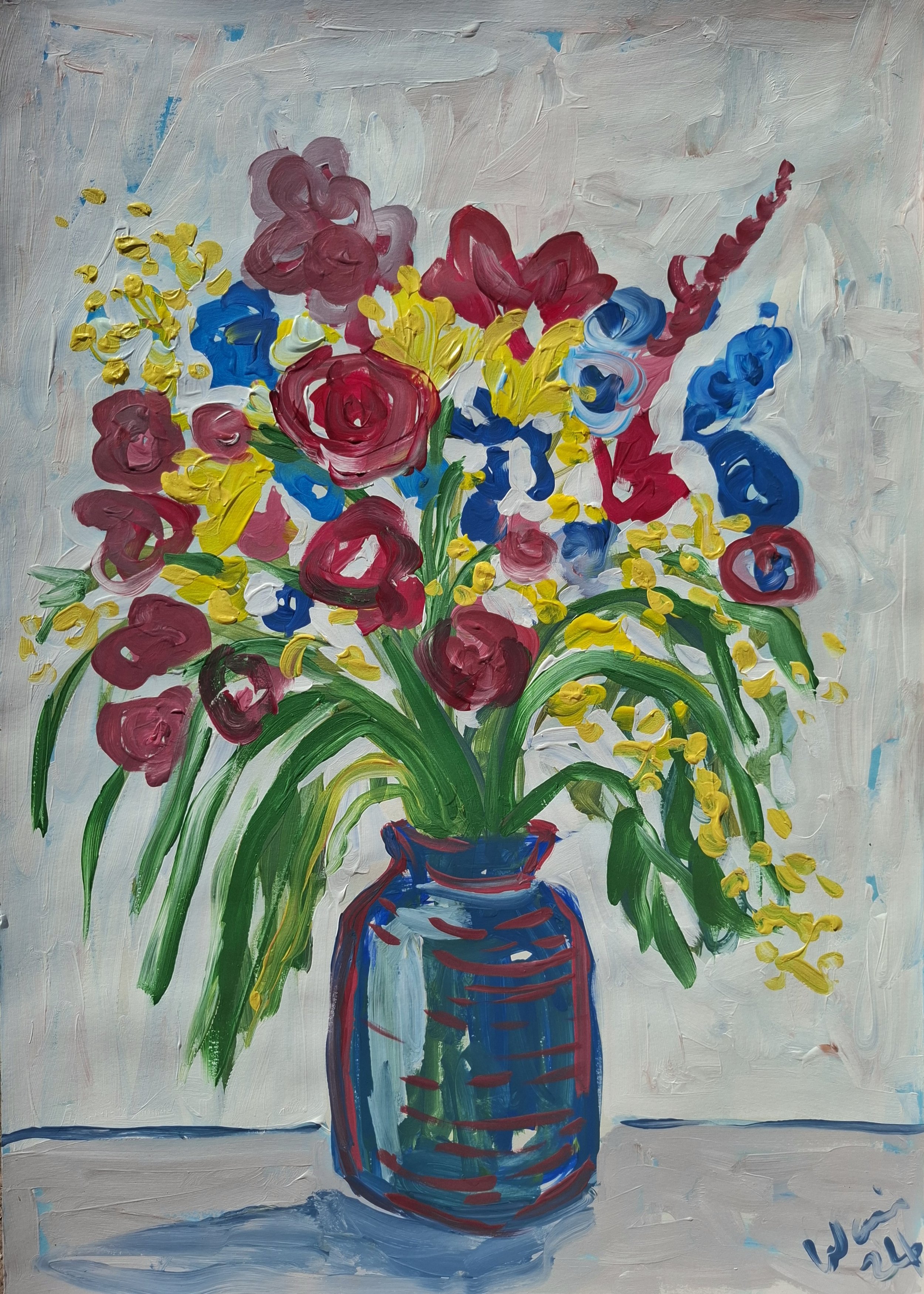 An impressionistic painting of a colorful flower arrangement in a blue and red vase on a neutral background.
