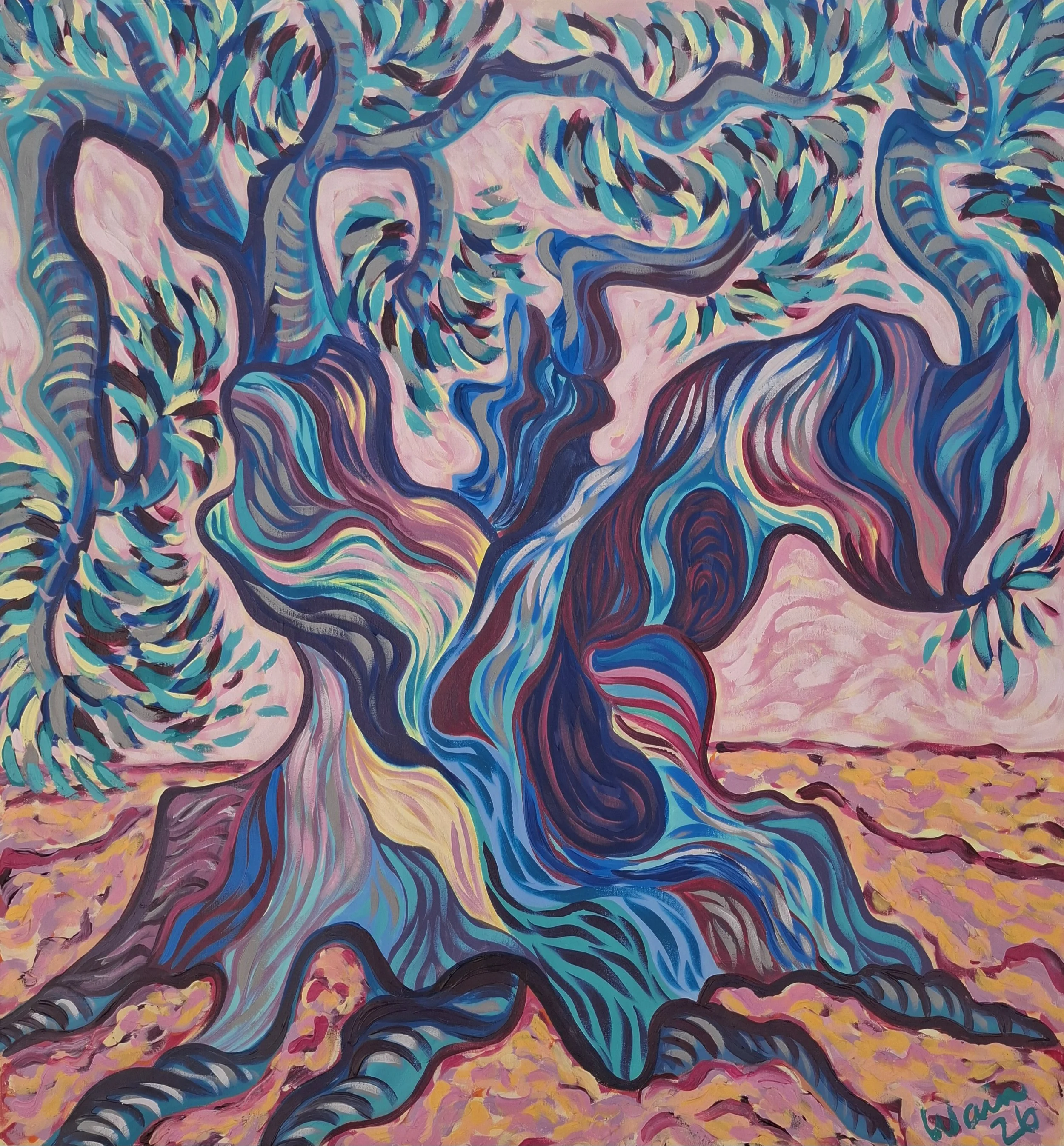 Shimmering Granada Olive Tree, acrylic on canvas,  90x95cm 2026