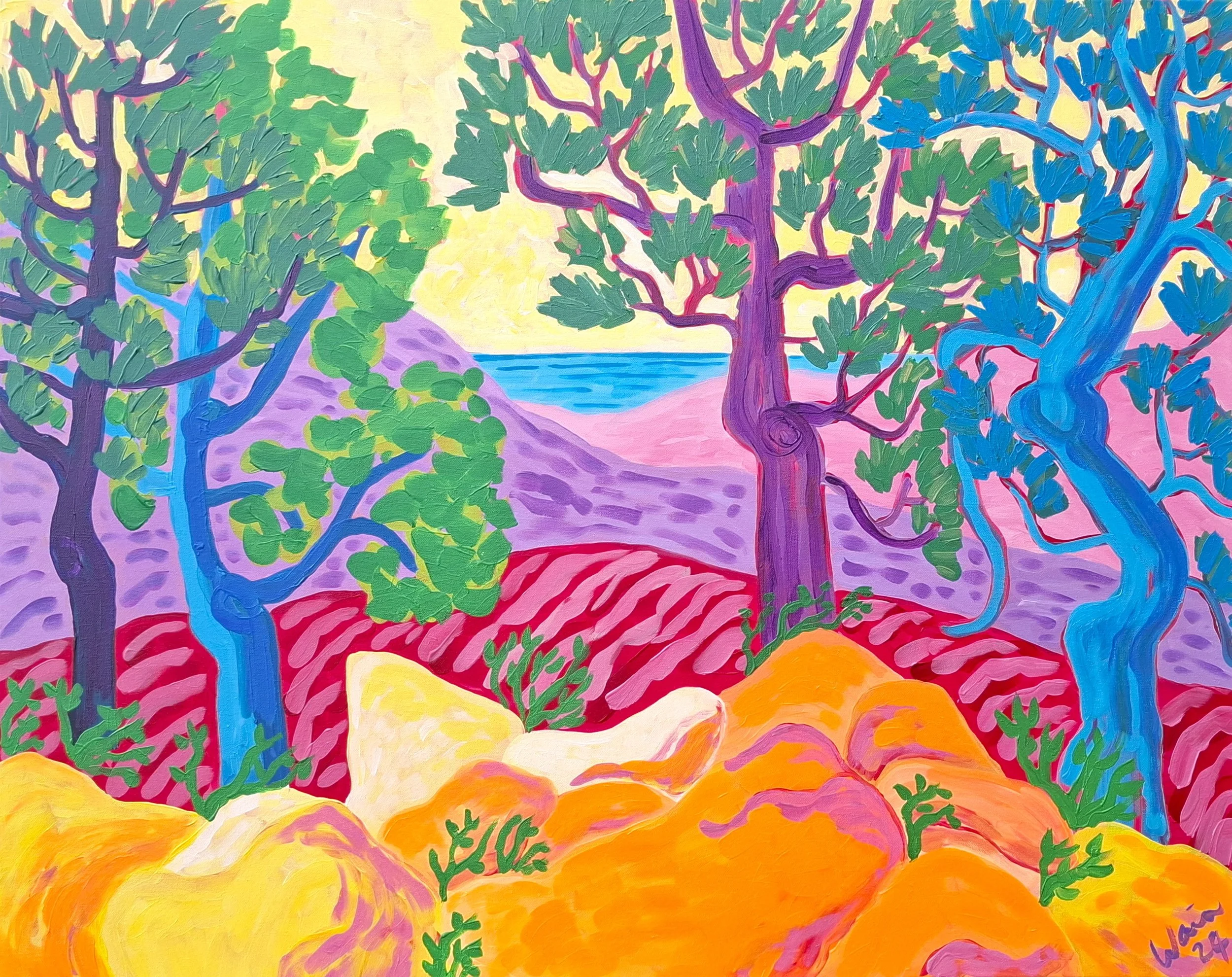 A colorful painting of a landscape with trees, rocks, and mountains near a body of water in the background. The trees have blue, purple, and green foliage with twisted trunks, and there are orange rocks in the foreground.