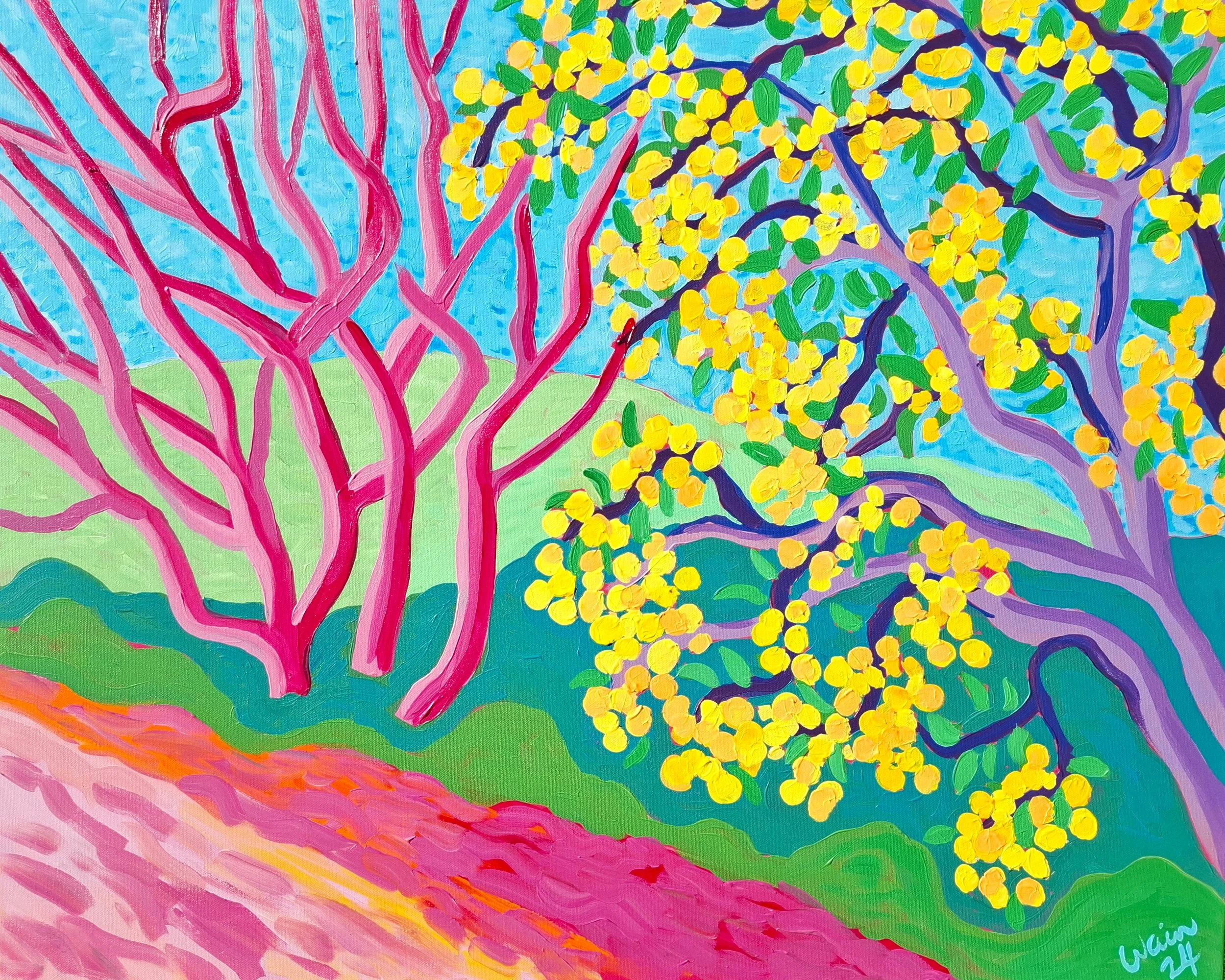 Colorful painting of two trees on a hillside with a blue sky background. The tree on the left has pinkish-red branches, and the tree on the right has purple branches and is covered in yellow flowers. The hillside features green and pinkish-orange ter