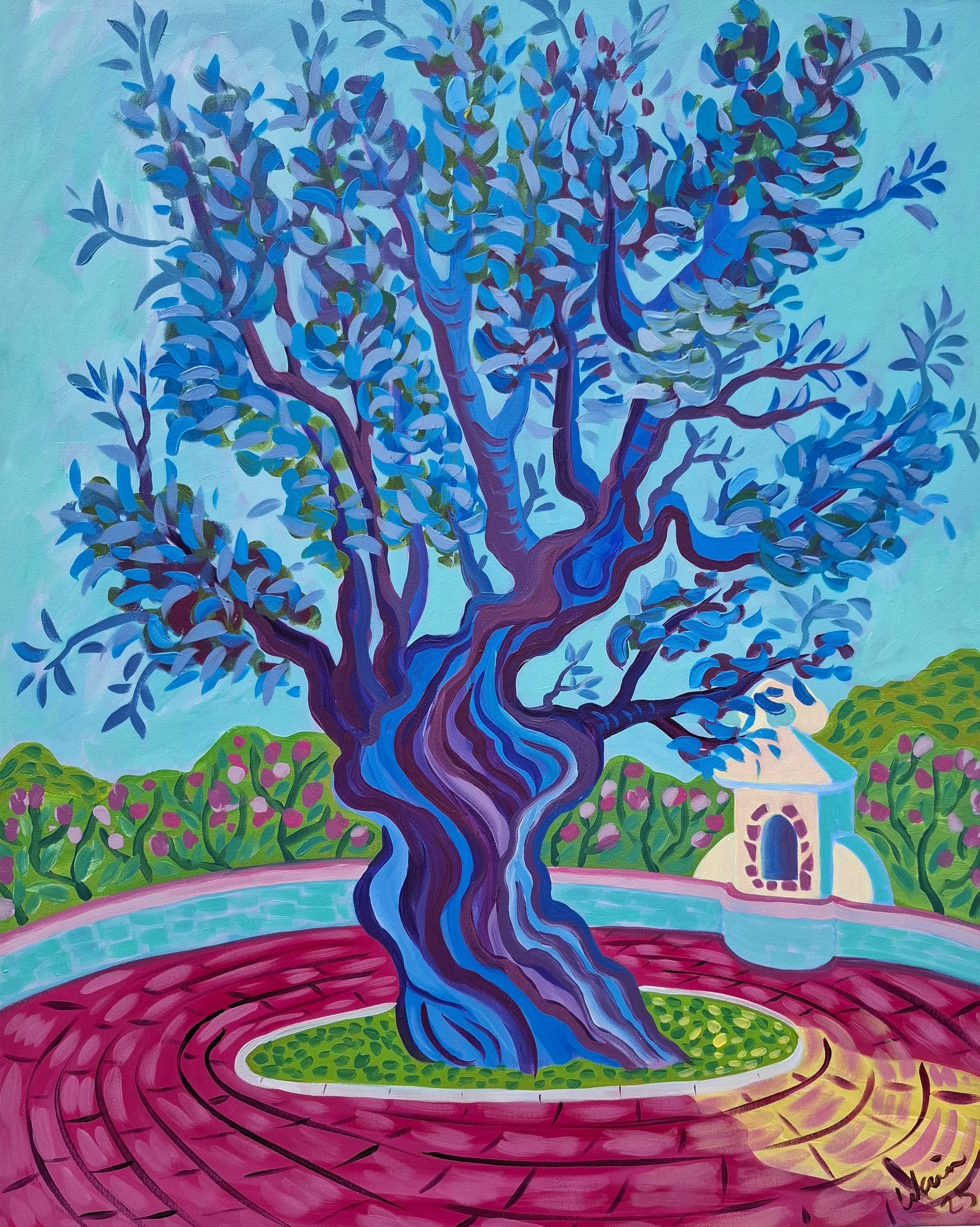 A colorful painting of a large stylized purple and blue tree with many leaves, surrounded by a circular pink brick pathway, a small fountain, and a white building with an arch, set against a green and blue background.