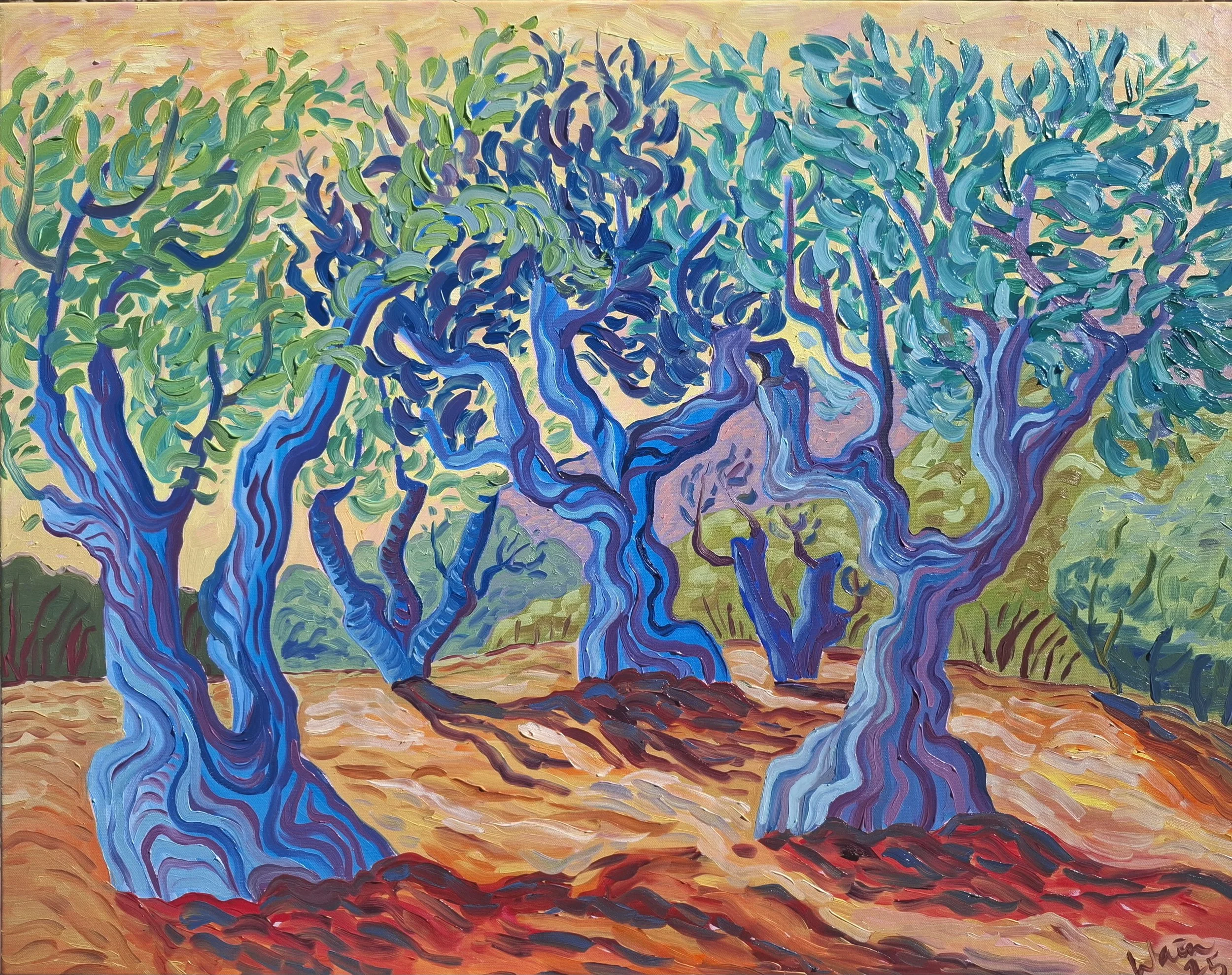 Abstract painting of twisted, blue and purple trees with green leaves on a landscape with reddish-orange ground and distant green hills.