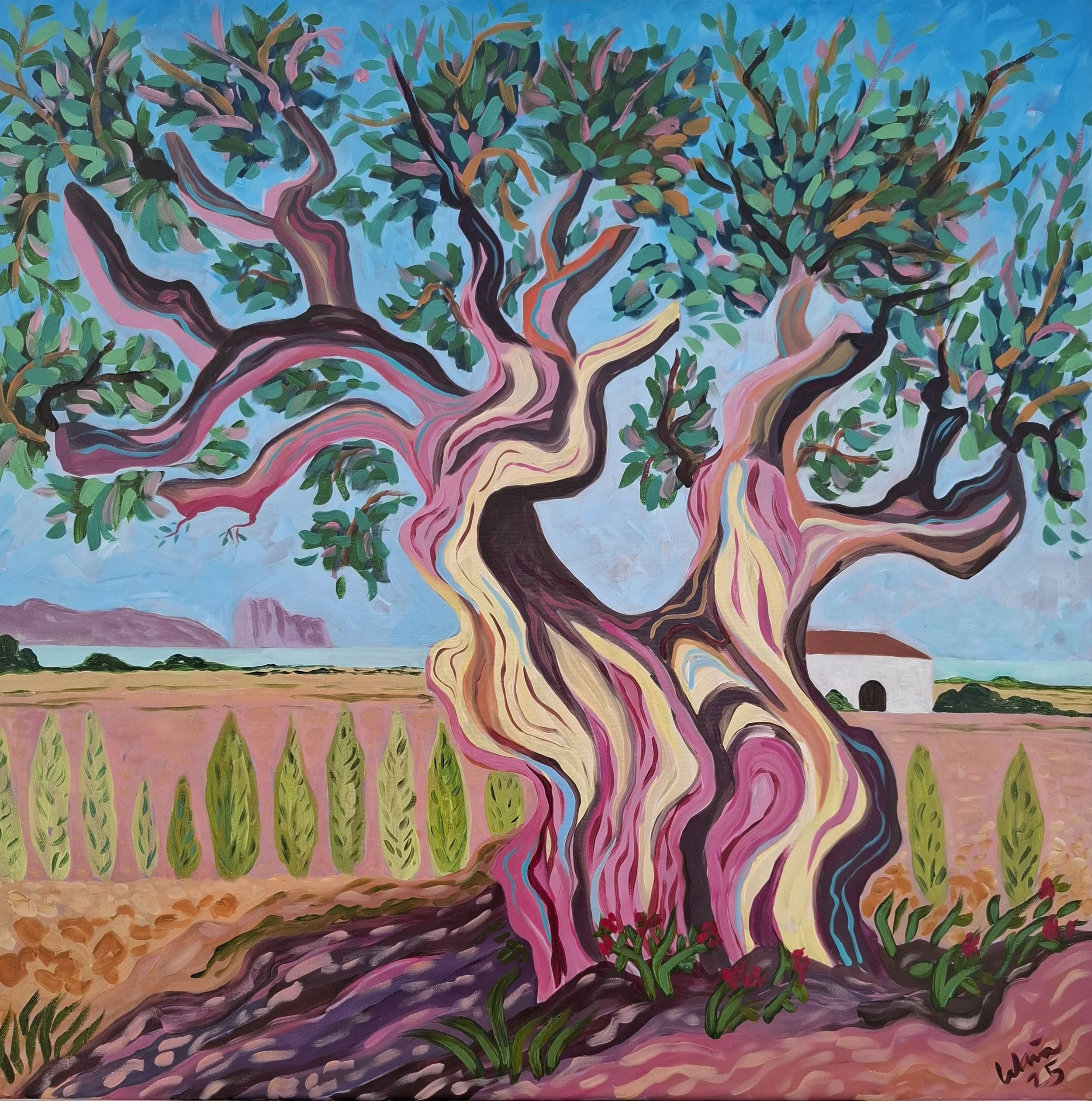 A vibrant, colorful painting of a twisting, multicolored tree with green leaves. In the background, there are pink fields, a white building with a red roof, and a distant mountain range under a bright blue sky.