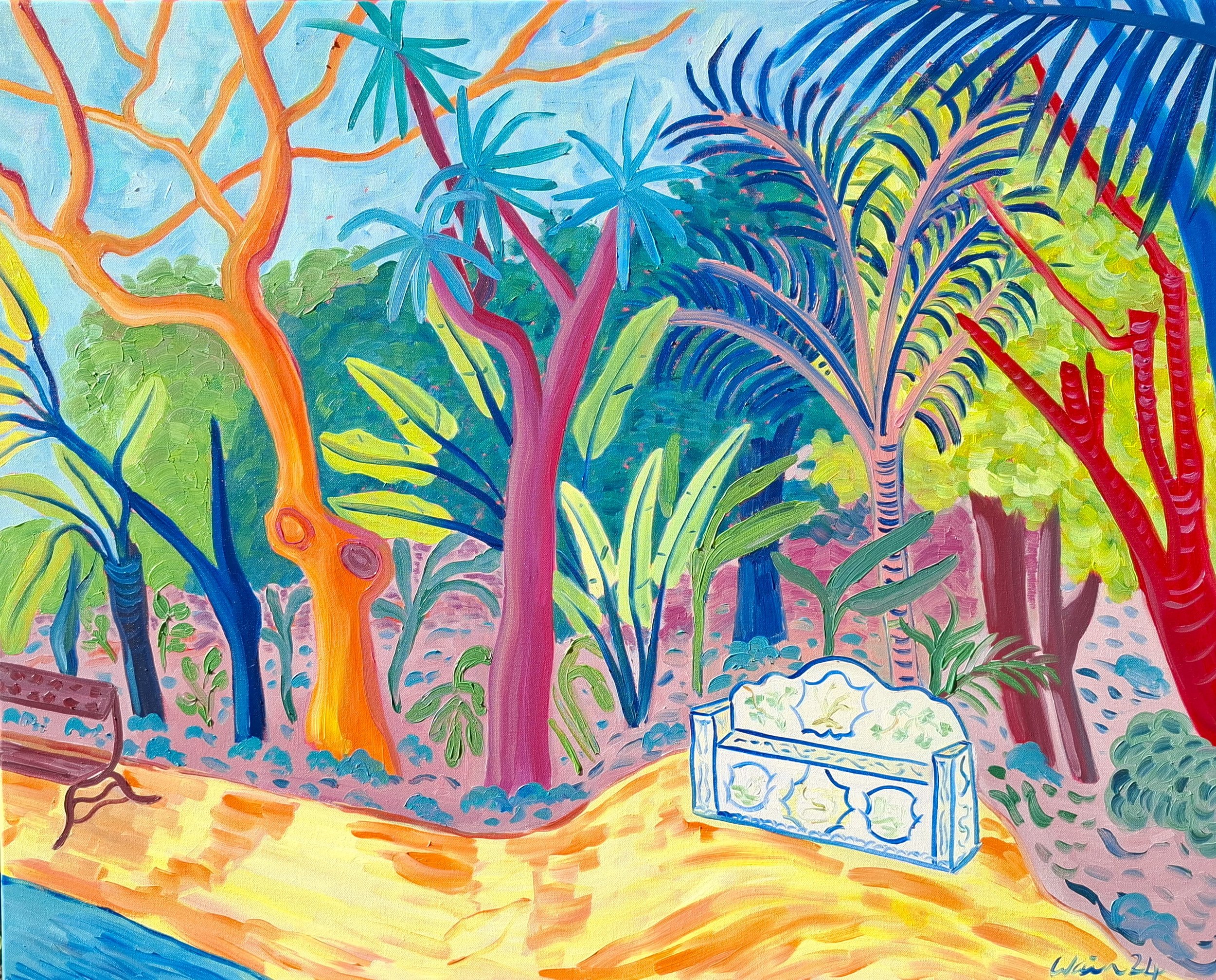 Colorful painting of a lush garden with various abstract trees and plants, a bench on the left and a decorative white bench on the right, featuring bright and vivid colors.