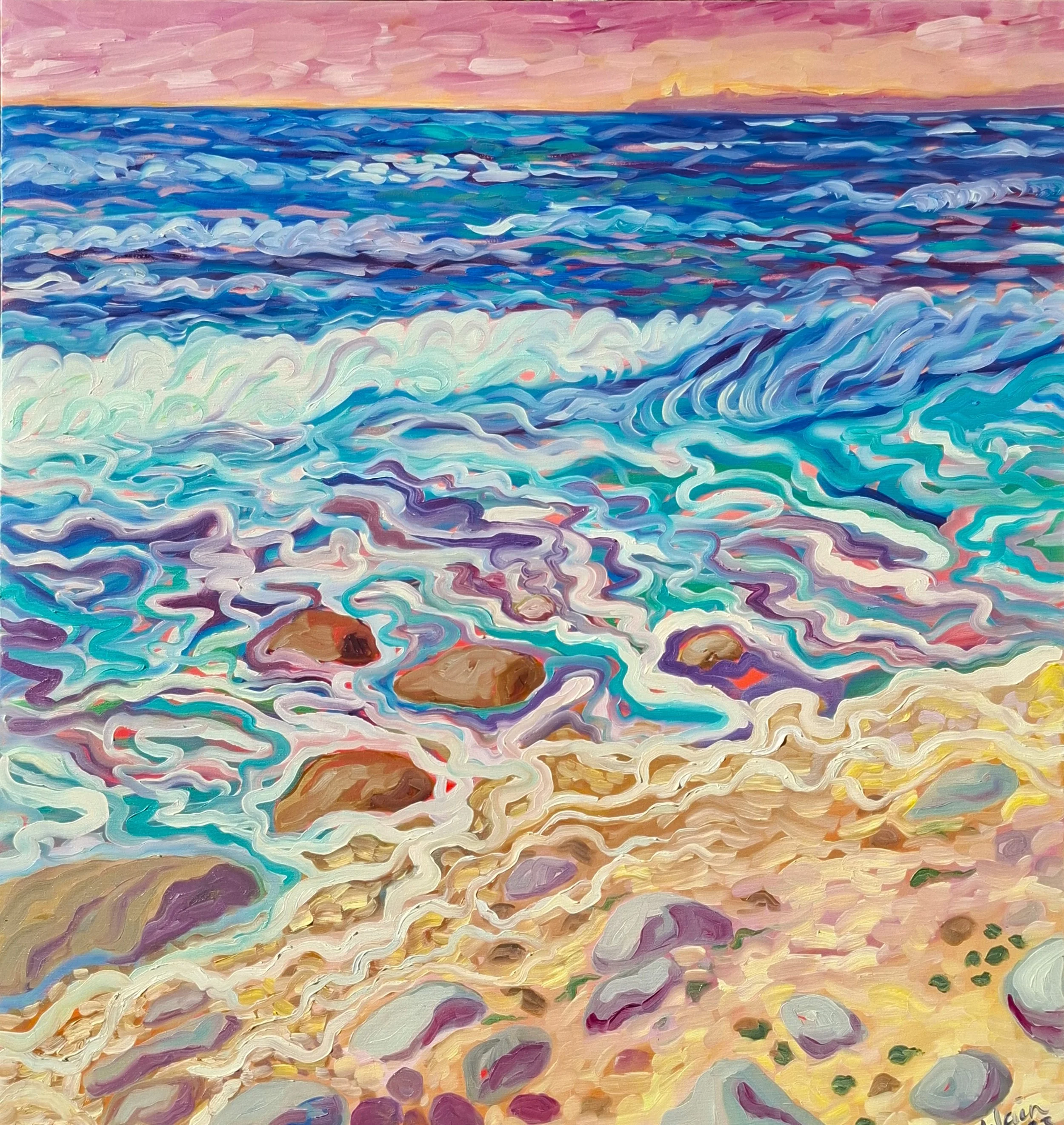 Colorful painting of a beach scene showing waves crashing onto rocks and sandy shore with a sunset sky in the background.