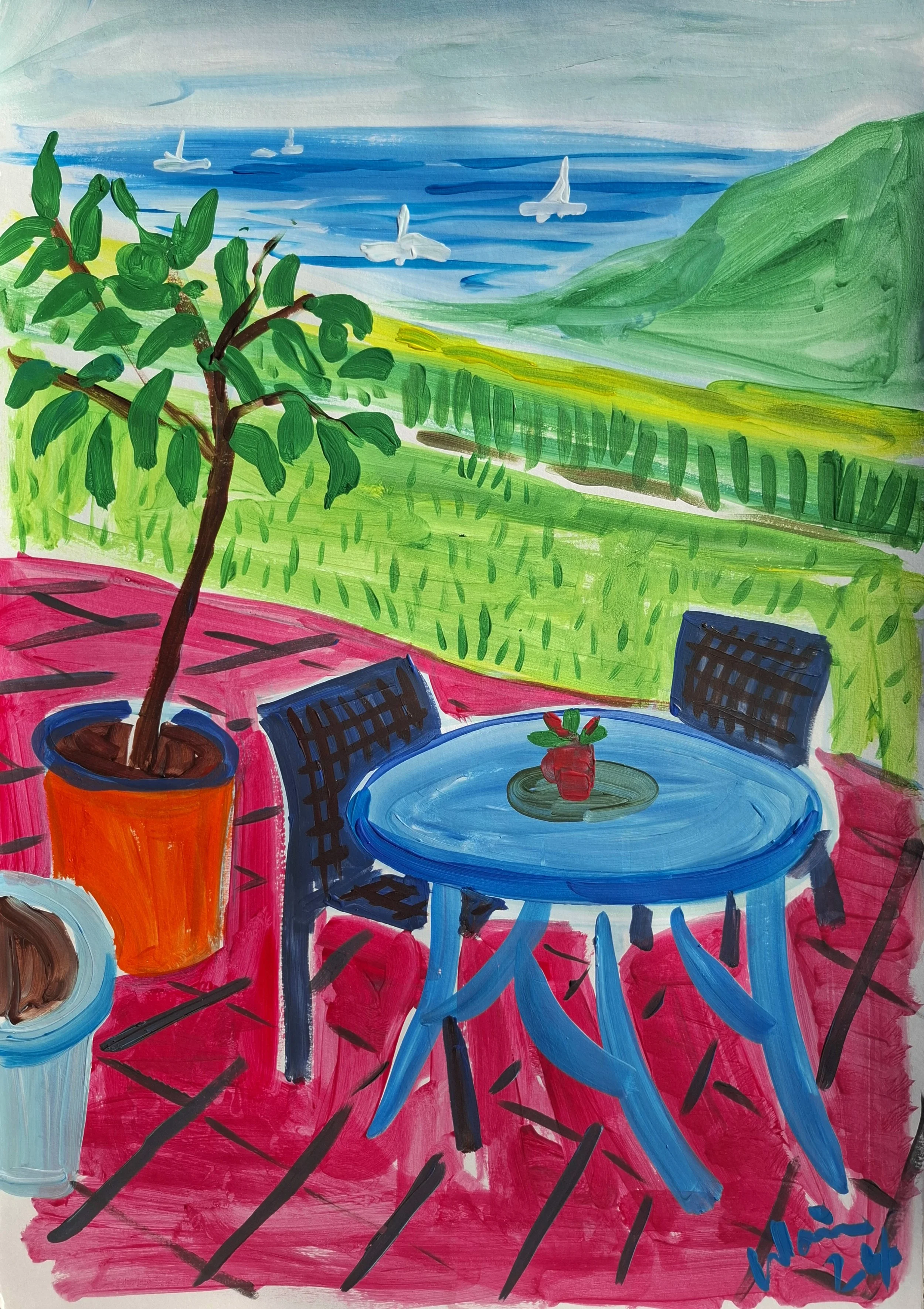 Colorful painting of an outdoor terrace with a blue table and chairs, a potted plant, and a landscape view of green fields, mountains, and the sea with seagulls.