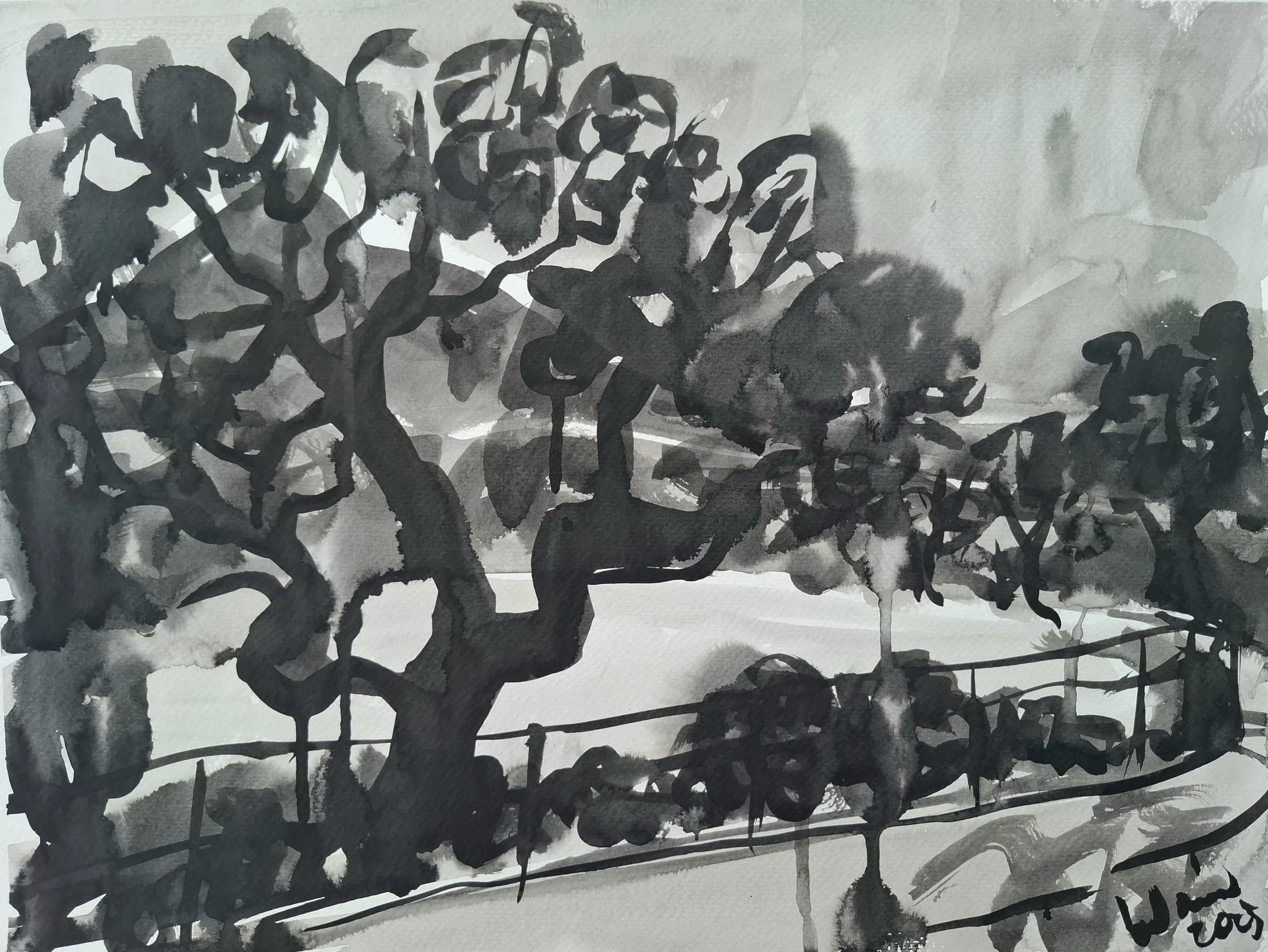 Journey with distant la Concha, Marbella, 2023, Indian Ink