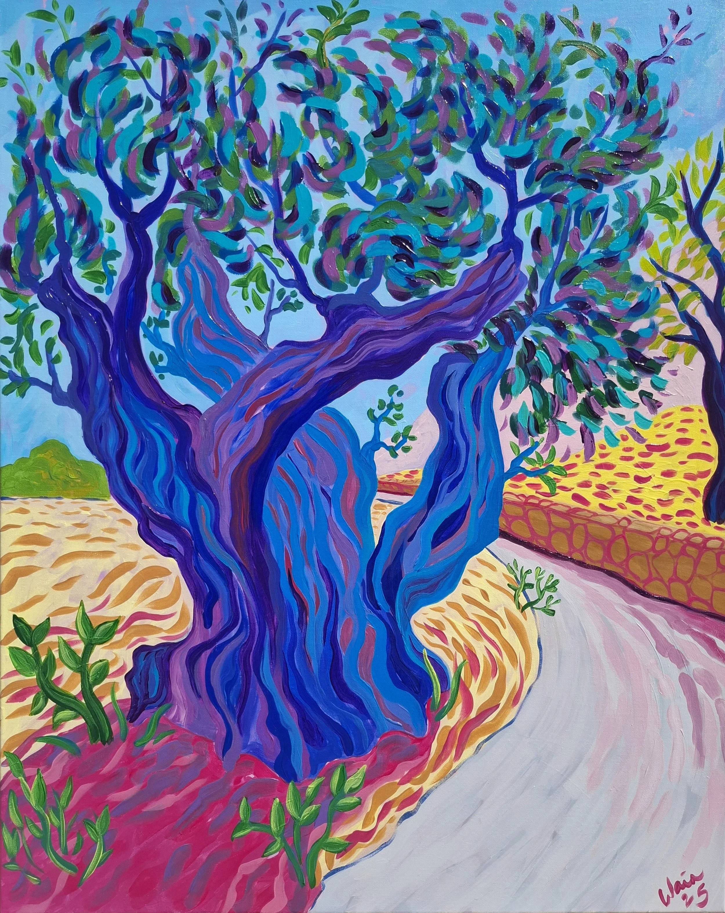 Colorful abstract painting of a large blue and purple tree with green leaves, standing beside a winding road with other yellow fields and distant green hills.
