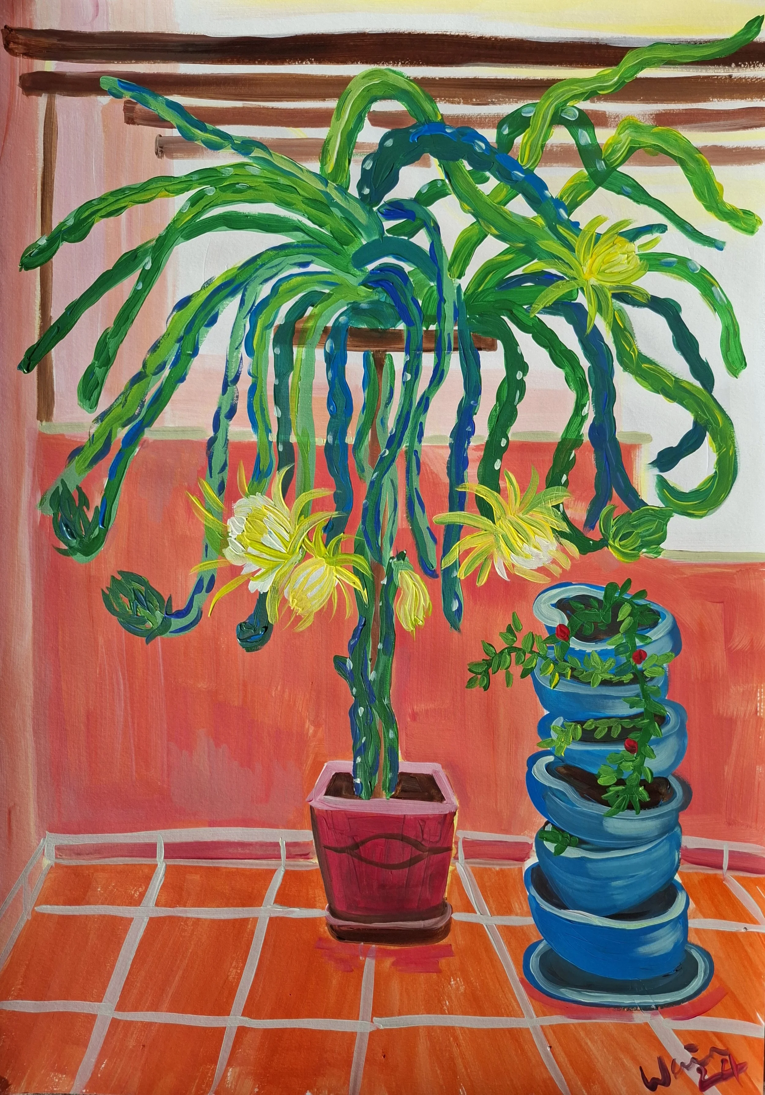 Painting of a houseplant with yellow flowers in a pink pot, next to a stack of blue pots with a flowering vine, on a tiled floor with an orange wall in the background.