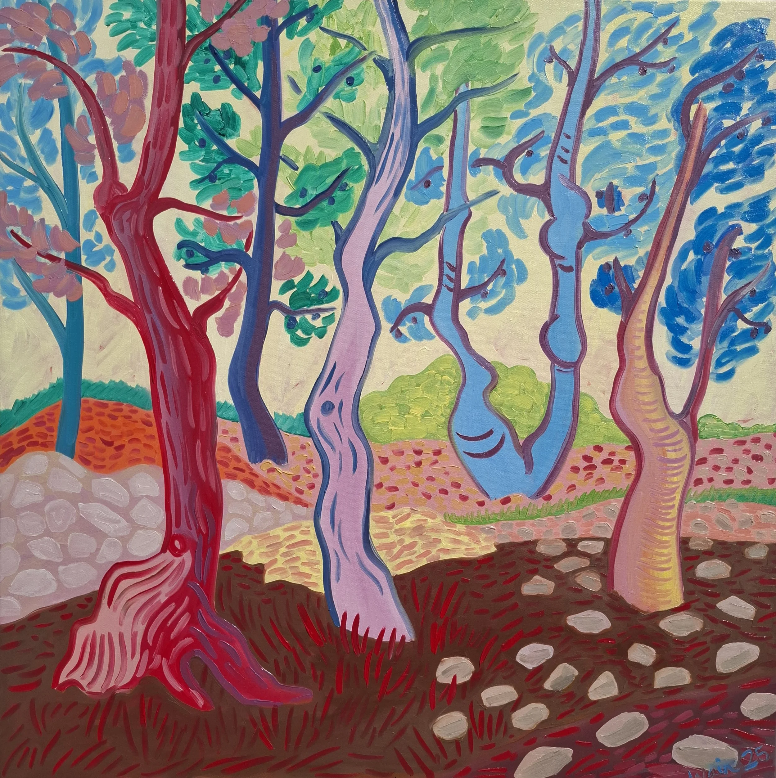 Colorful painting of a forest scene with various trees having twisting trunks in red, pink, purple, and blue. The background shows green foliage and a path of stones and red earth.