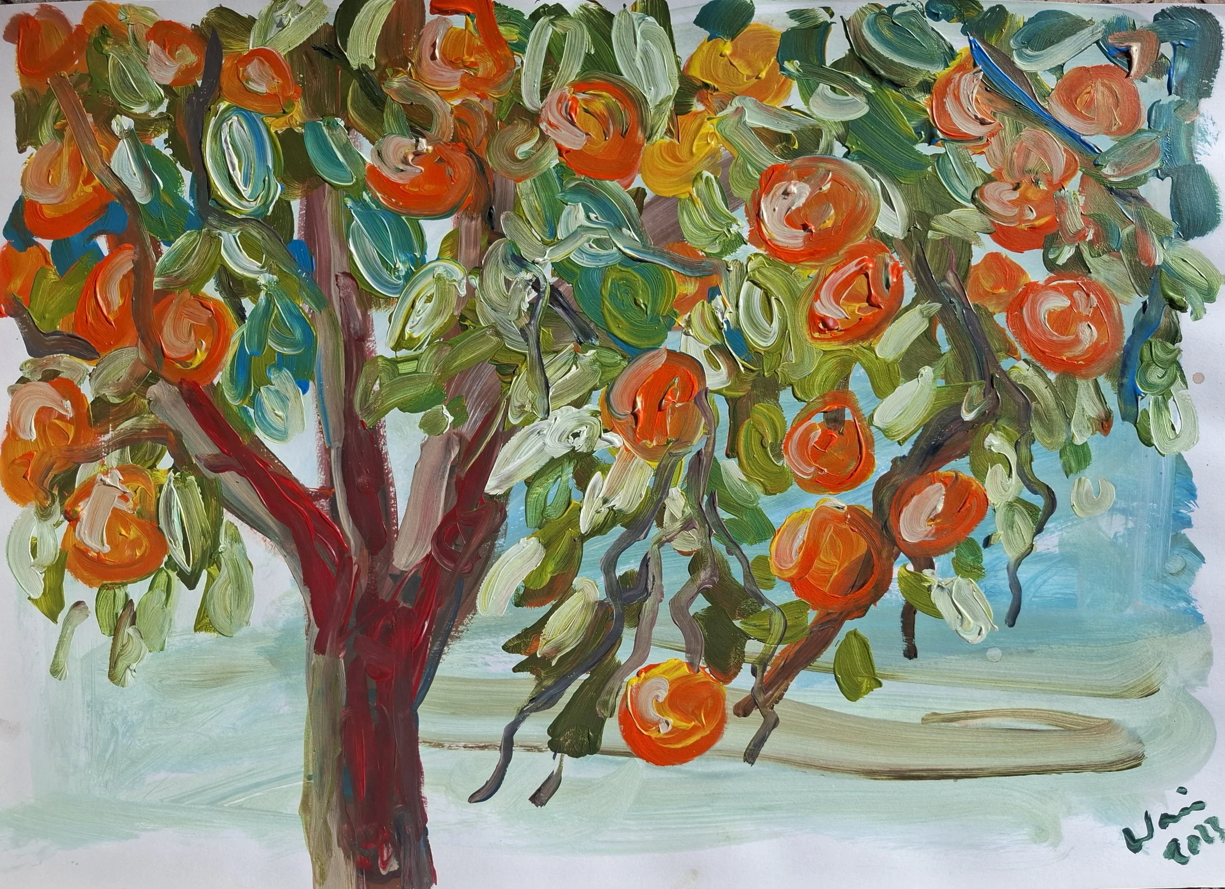 A colorful acrylic painting of an orange tree with ripe oranges hanging from its branches, against a sky blue background.