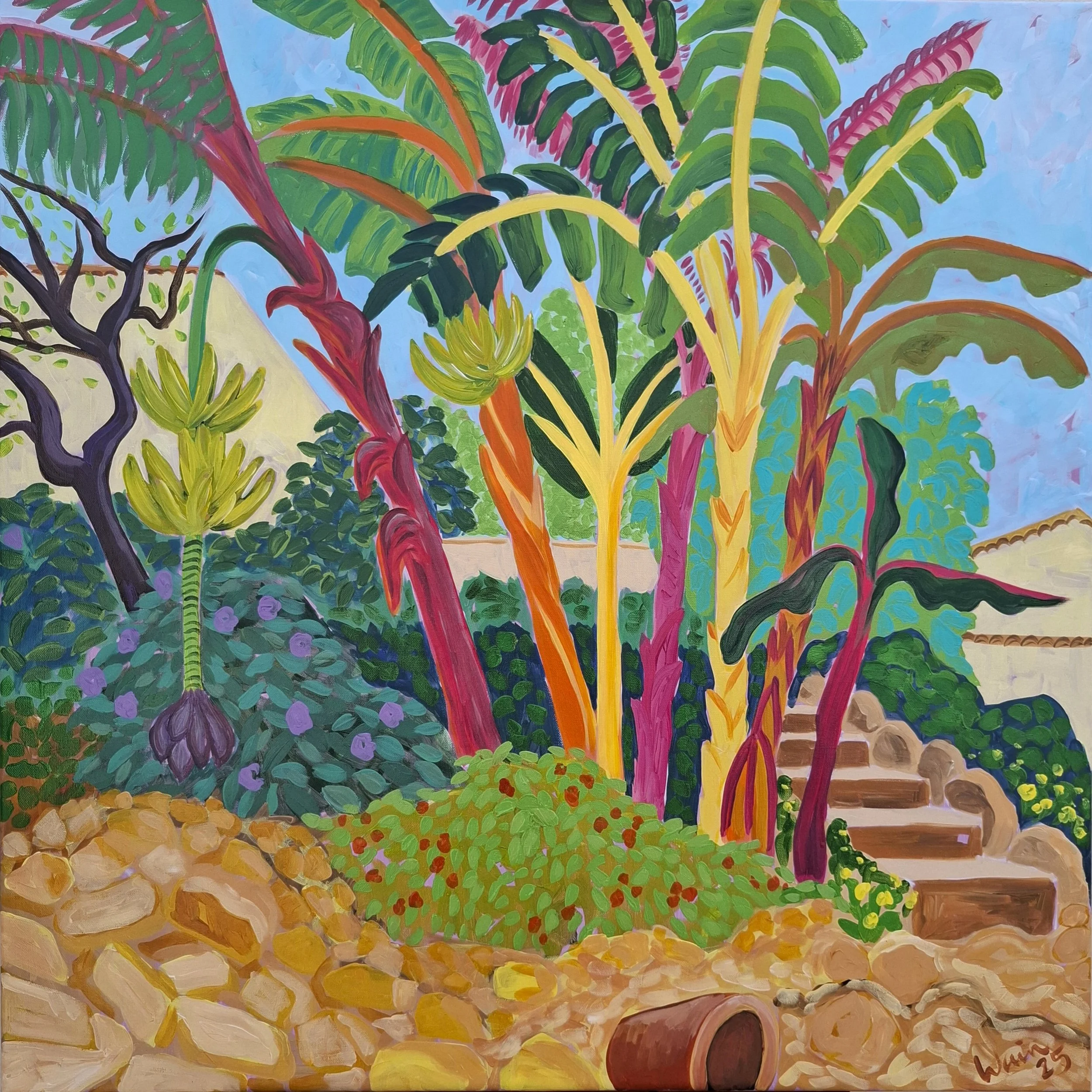 Colorful painting of a garden scene with large tropical plants and trees, stone pathway with steps, and a backdrop of a house with a tiled roof. The scene includes lush green foliage, purple, pink, and yellow plants, and a partly cloudy sky.