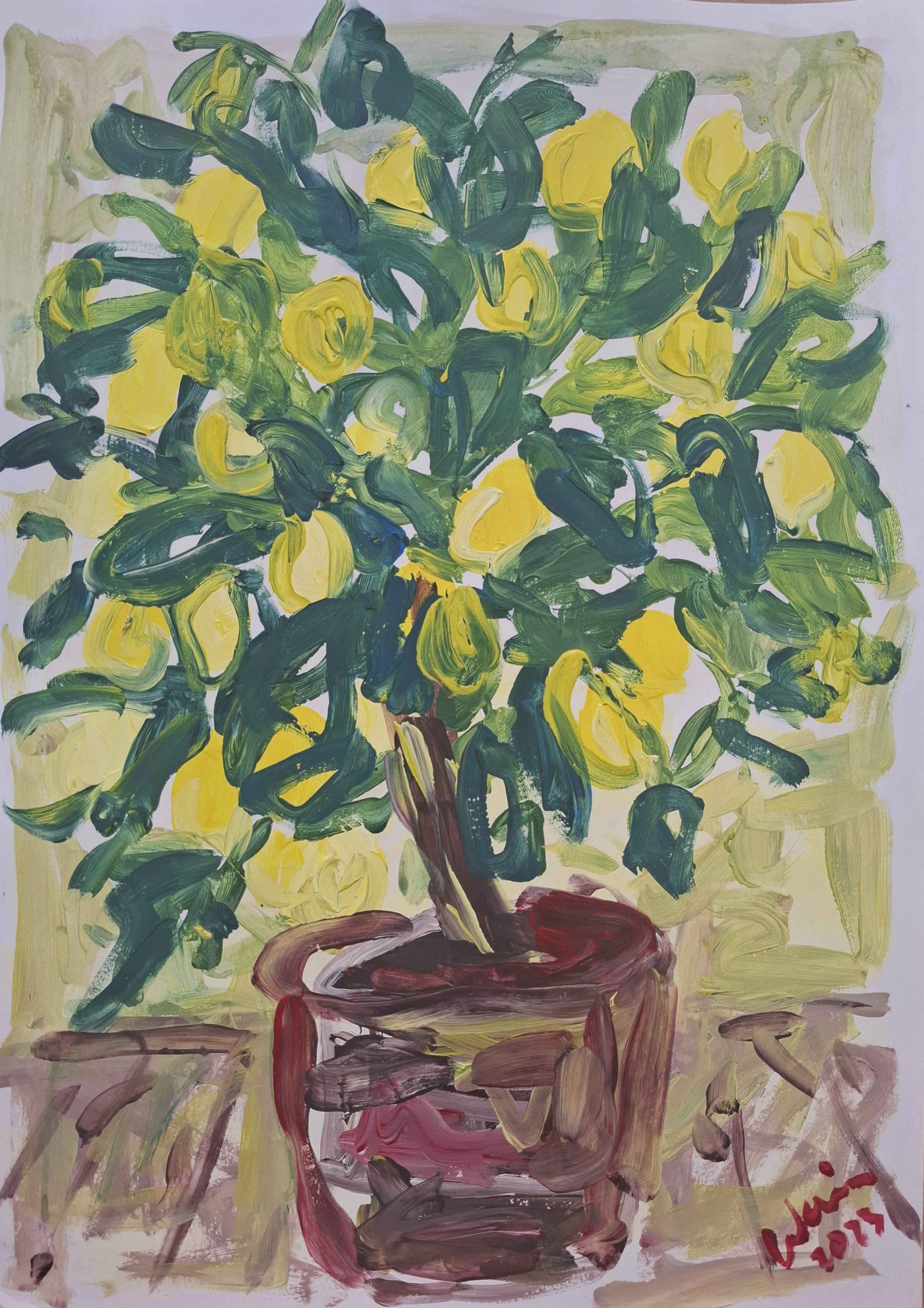 A painting of a potted plant with green and yellow leaves on a surface, with a background of light and dark pastel colors.
