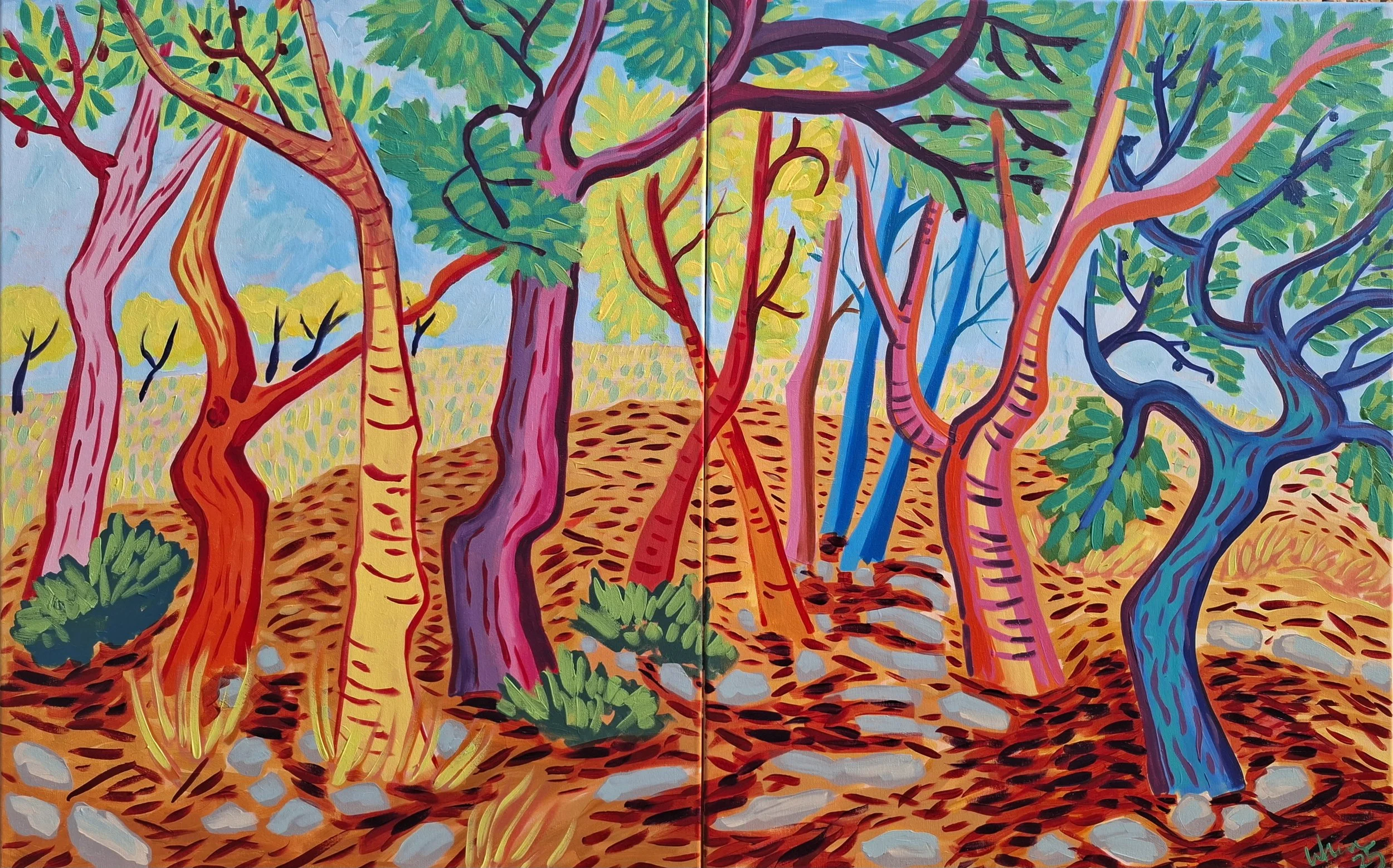 Bright, colorful painting of a forest scene with stylized trees in various shades of red, yellow, purple, blue, and green, with a path winding through fallen leaves and small bushes.