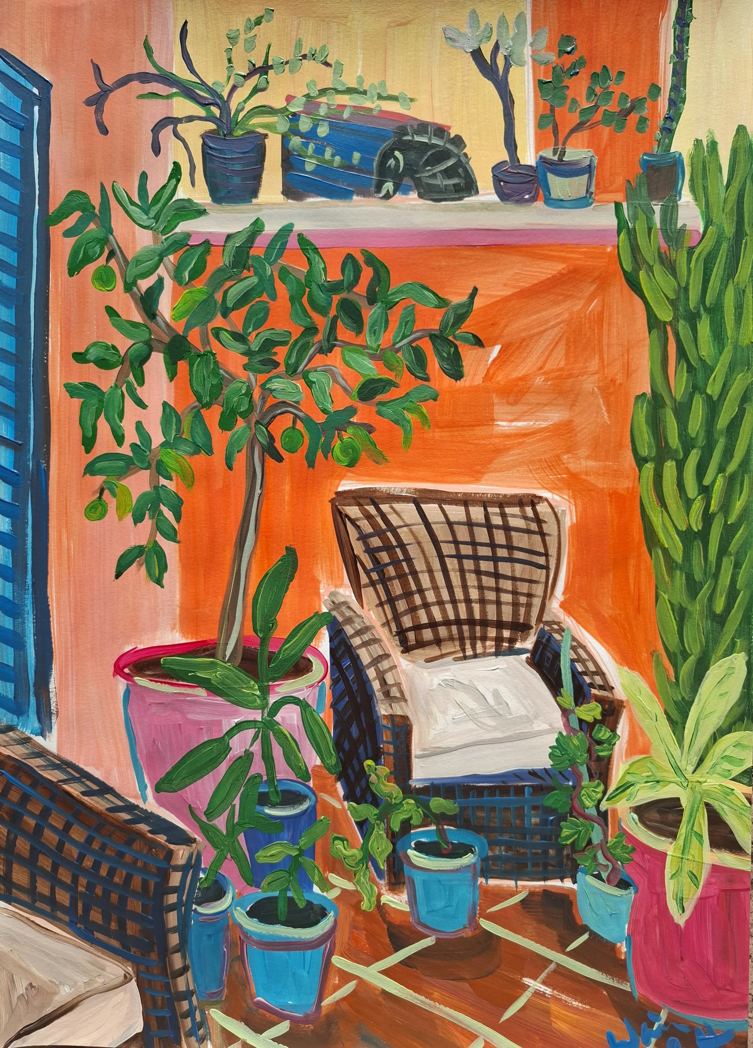 Painting of an indoor space with multiple potted plants, wicker chairs, and colorful background.