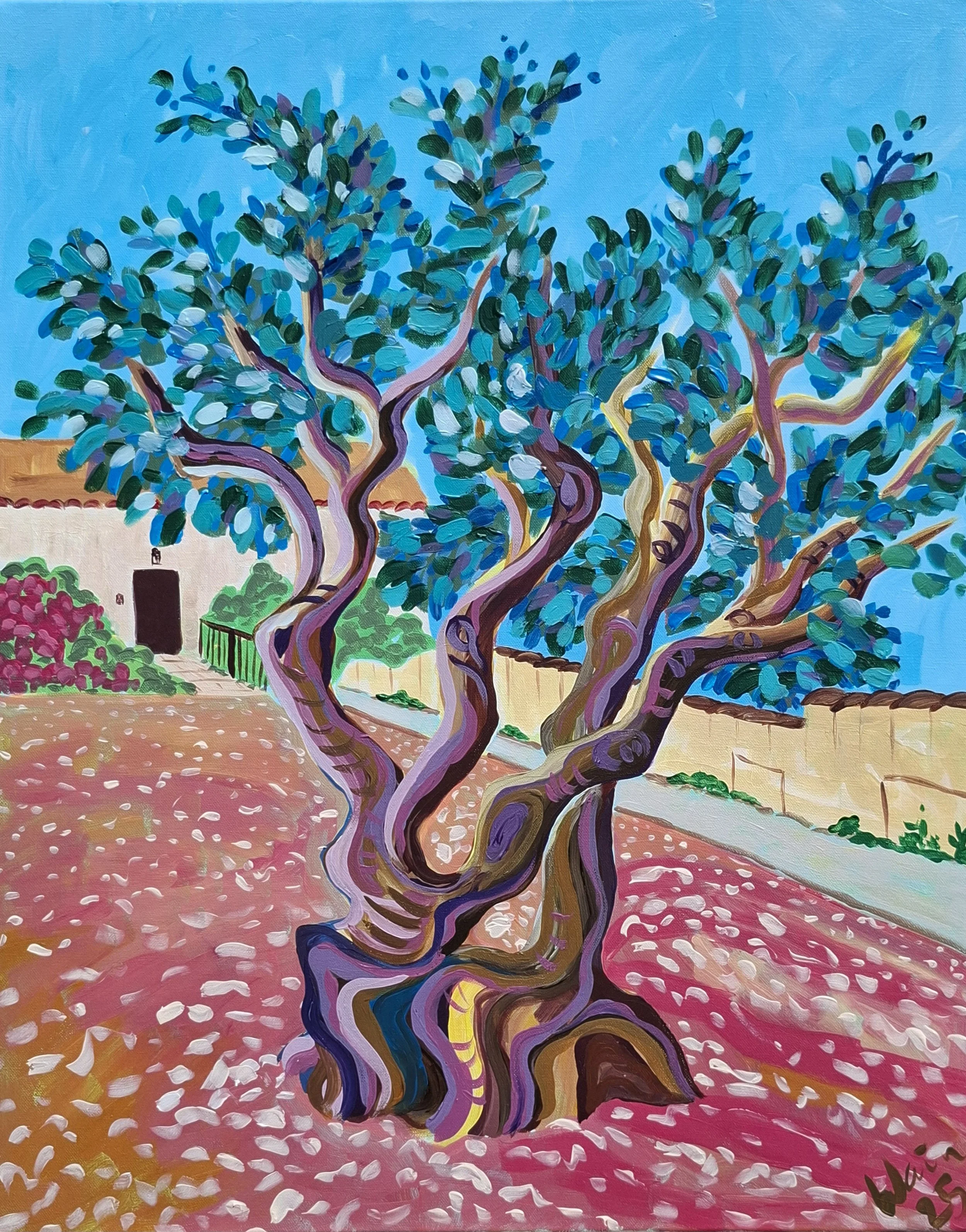Colorful painting of a twisted tree with blue and green leaves, against a blue sky, with a house and pink ground in the background.
