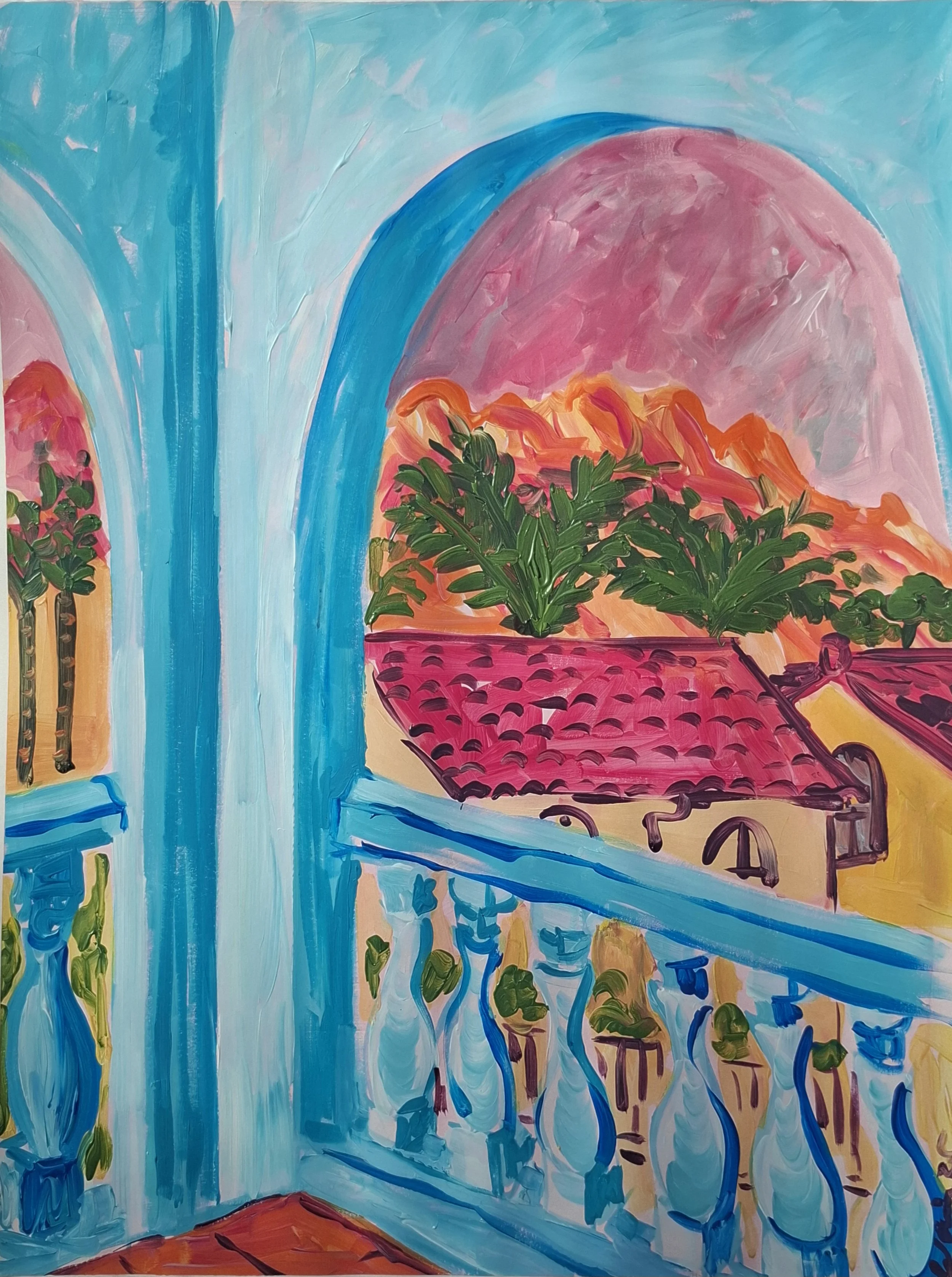 A colorful painting of a balcony with a blue railing, potted plants, and a pink-tiled roof, with mountains and a pink sky in the background.