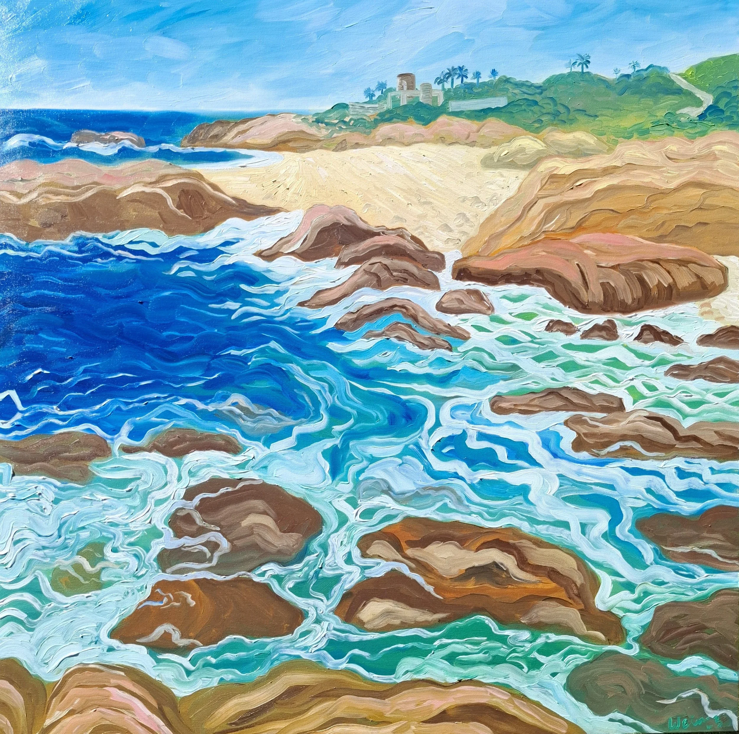 A vibrant painting of a coastal scene with blue ocean waves crashing against brown rocks, a sandy beach, and green hilly terrain with palm trees and structures in the background.
