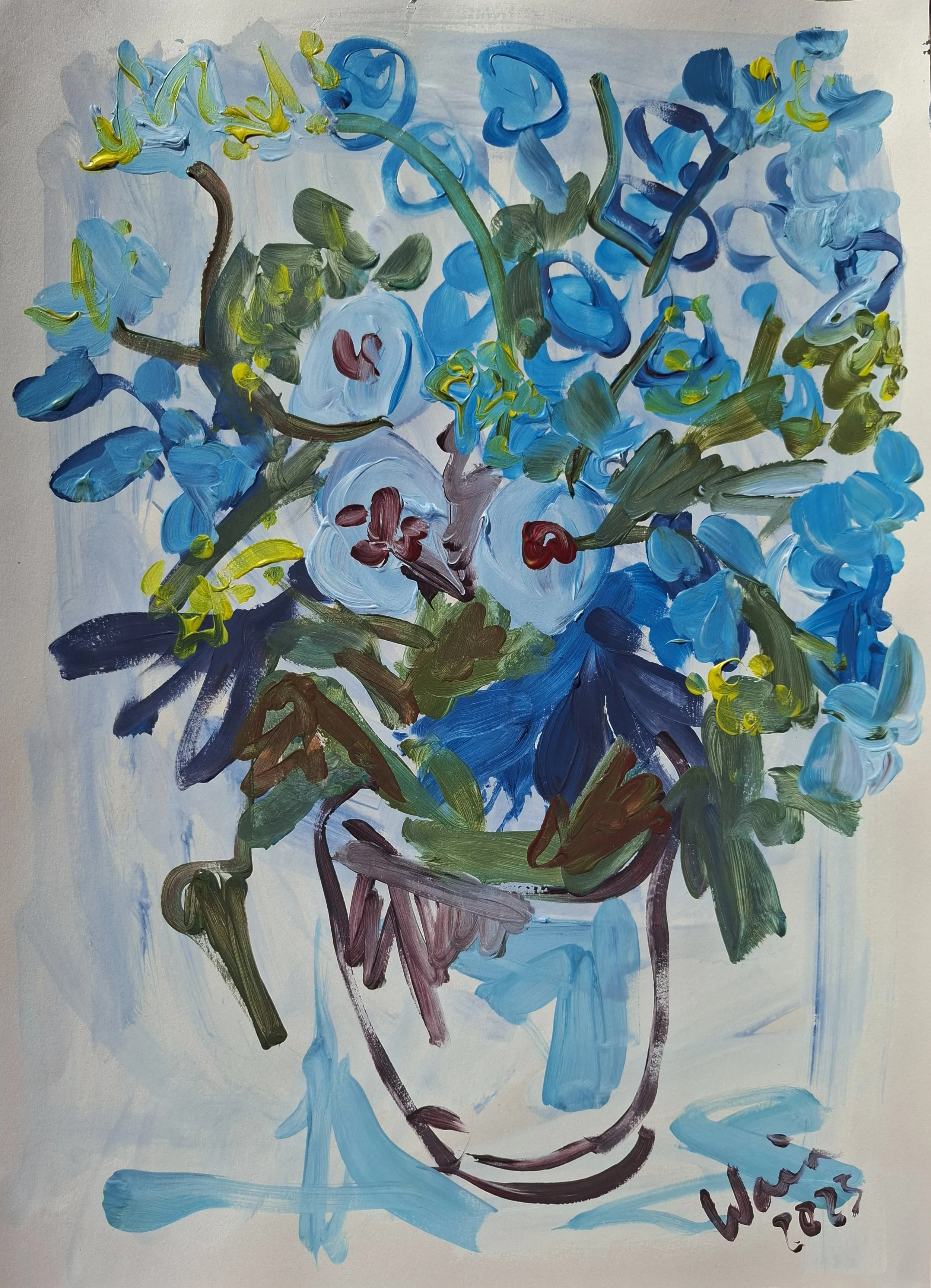 Abstract painting of a vase with blue, green, and purple flowers in a loose, expressive style.
