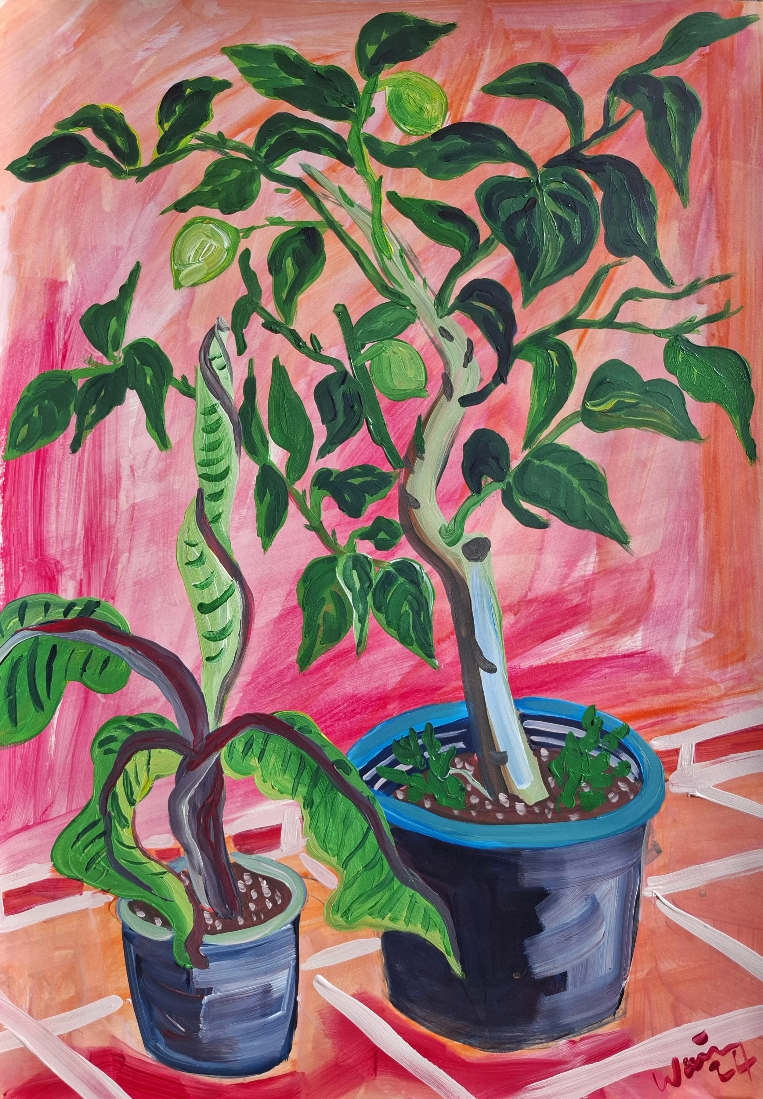 Painting of two green potted plants with lush leaves and a pink and orange background.