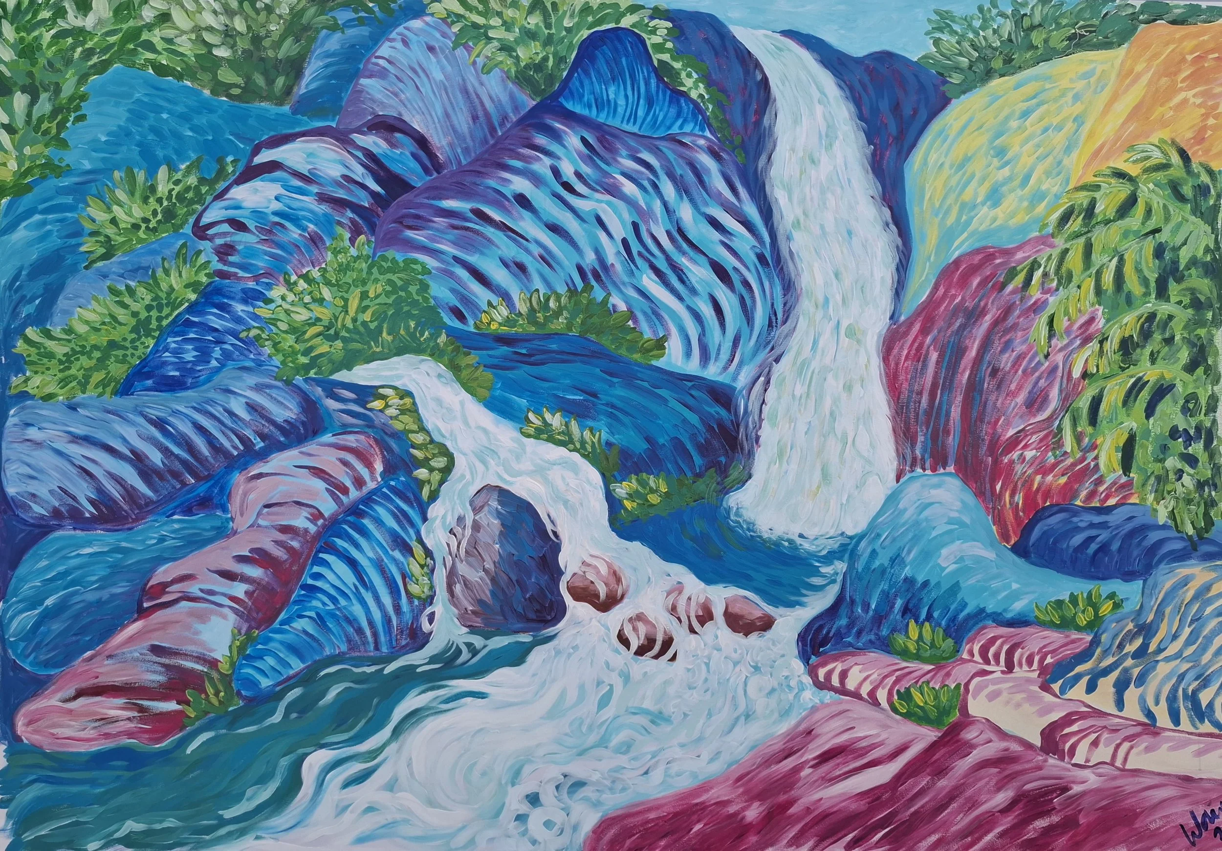 Vivid painting of a waterfall flowing over colorful, layered rocks, surrounded by green foliage.