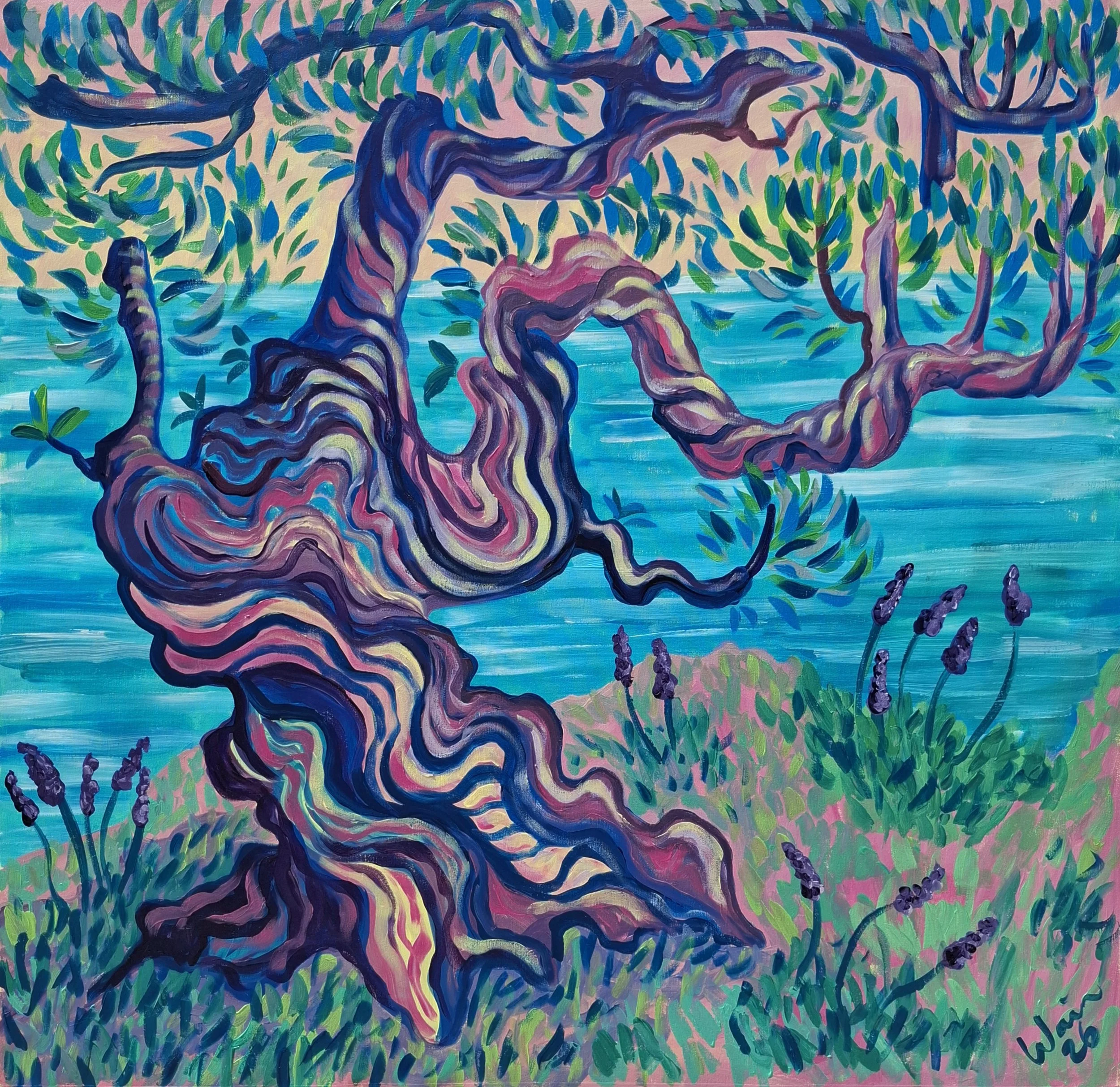 'Mediterranean Memory: Olive Tree with Lavender'  Acrylic on canvas, 100x96.5cm