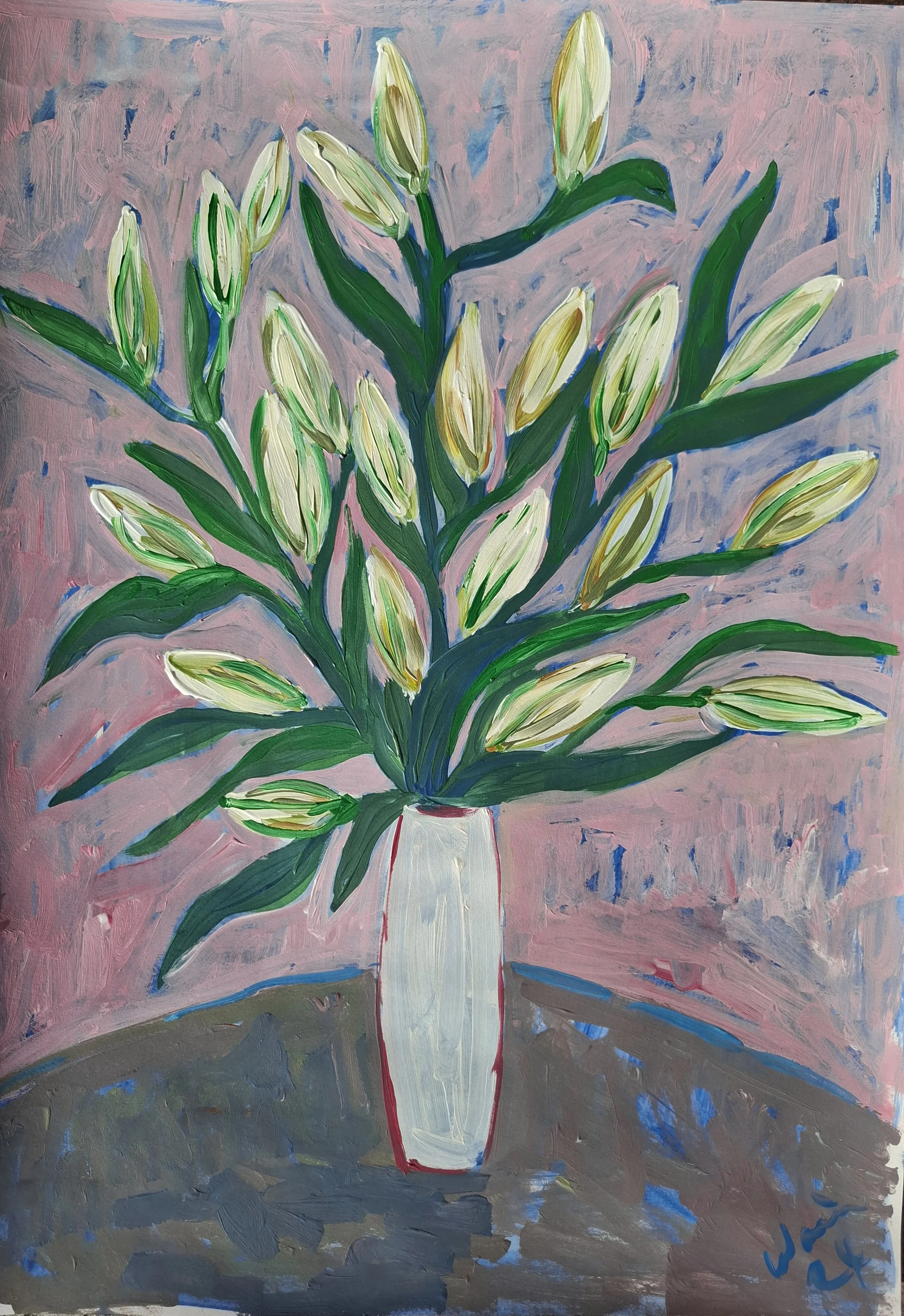 A painting of a bouquet of white lilies with green leaves in a tall white vase, placed on a brownish table against a pink background.