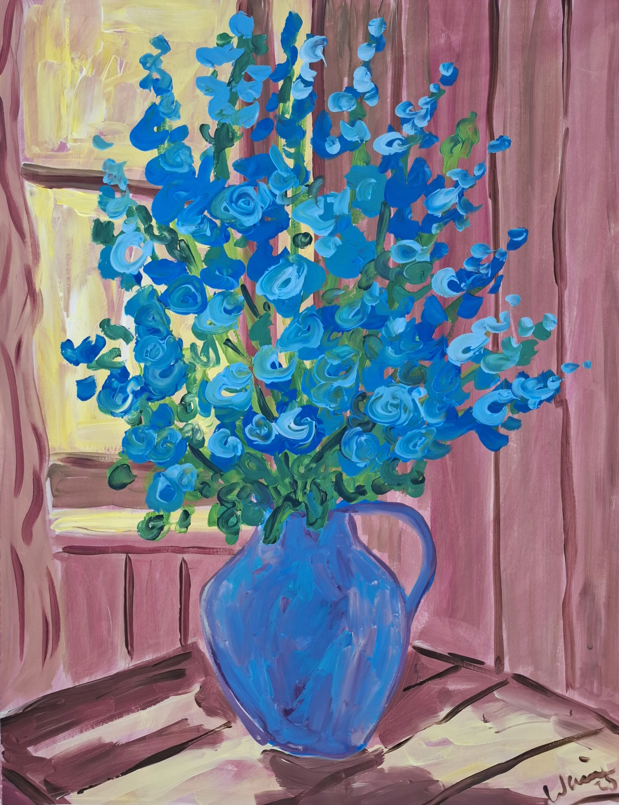 Painting of a blue vase filled with vibrant blue flowers, placed on a wooden surface near a window with curtains.