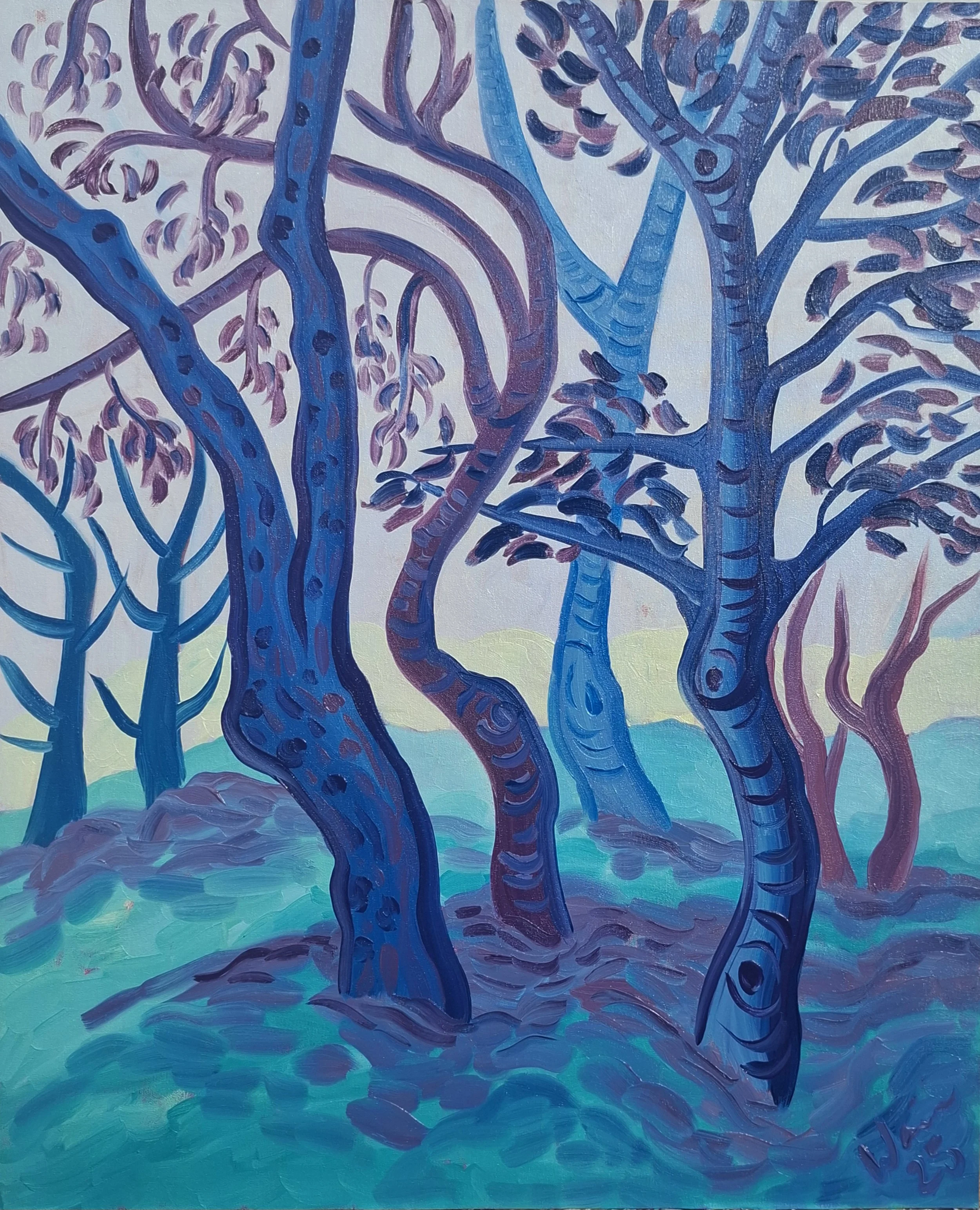 A colorful painting of trees with twisting trunks in shades of blue and purple, set against a light background with green and blue foliage.